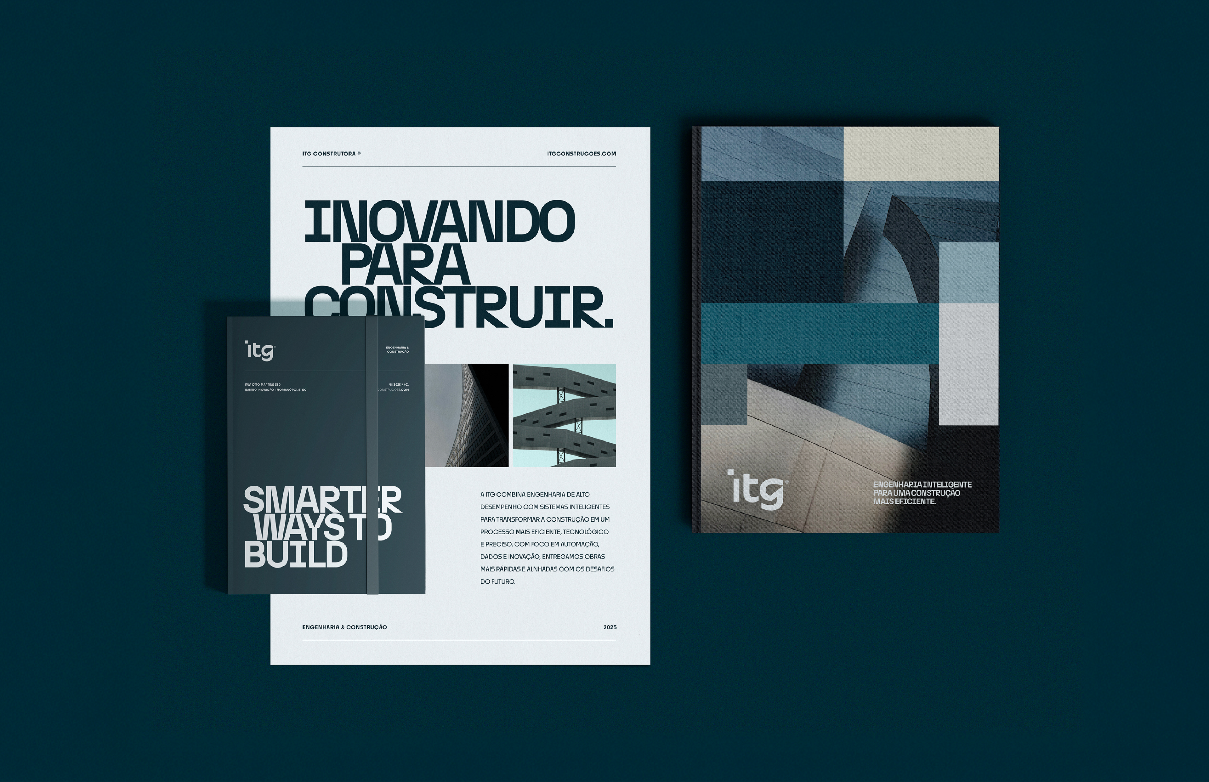Materiais gráficos da itg com identidade visual consistente, mostrando design minimalista e Branding profissional para marca de engenharia.