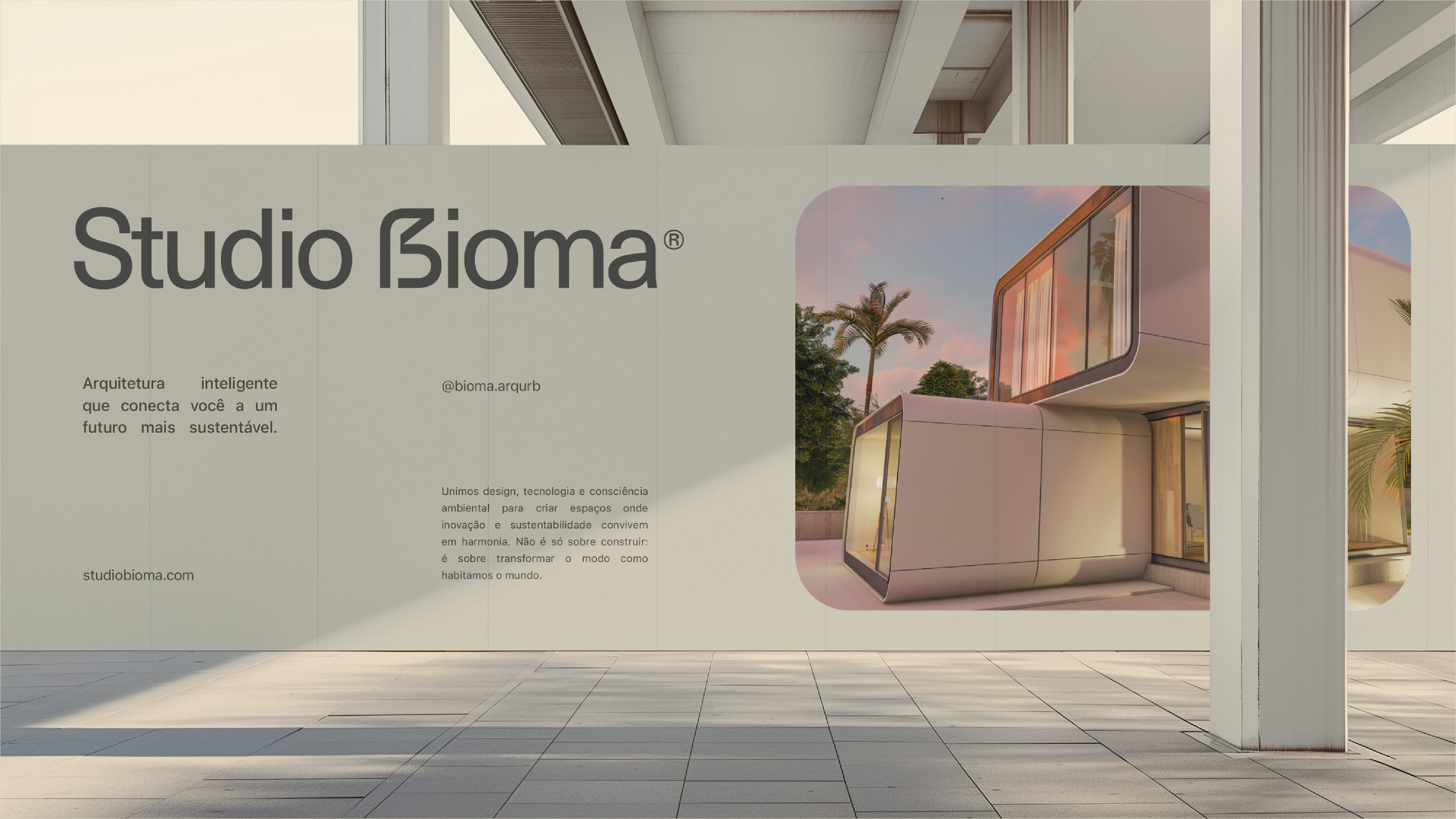 Painel institucional do Studio Bioma com logotipo, manifesto de marca e visual dos Lofts Modulares – branding aplicado ao espaço arquitetônico.