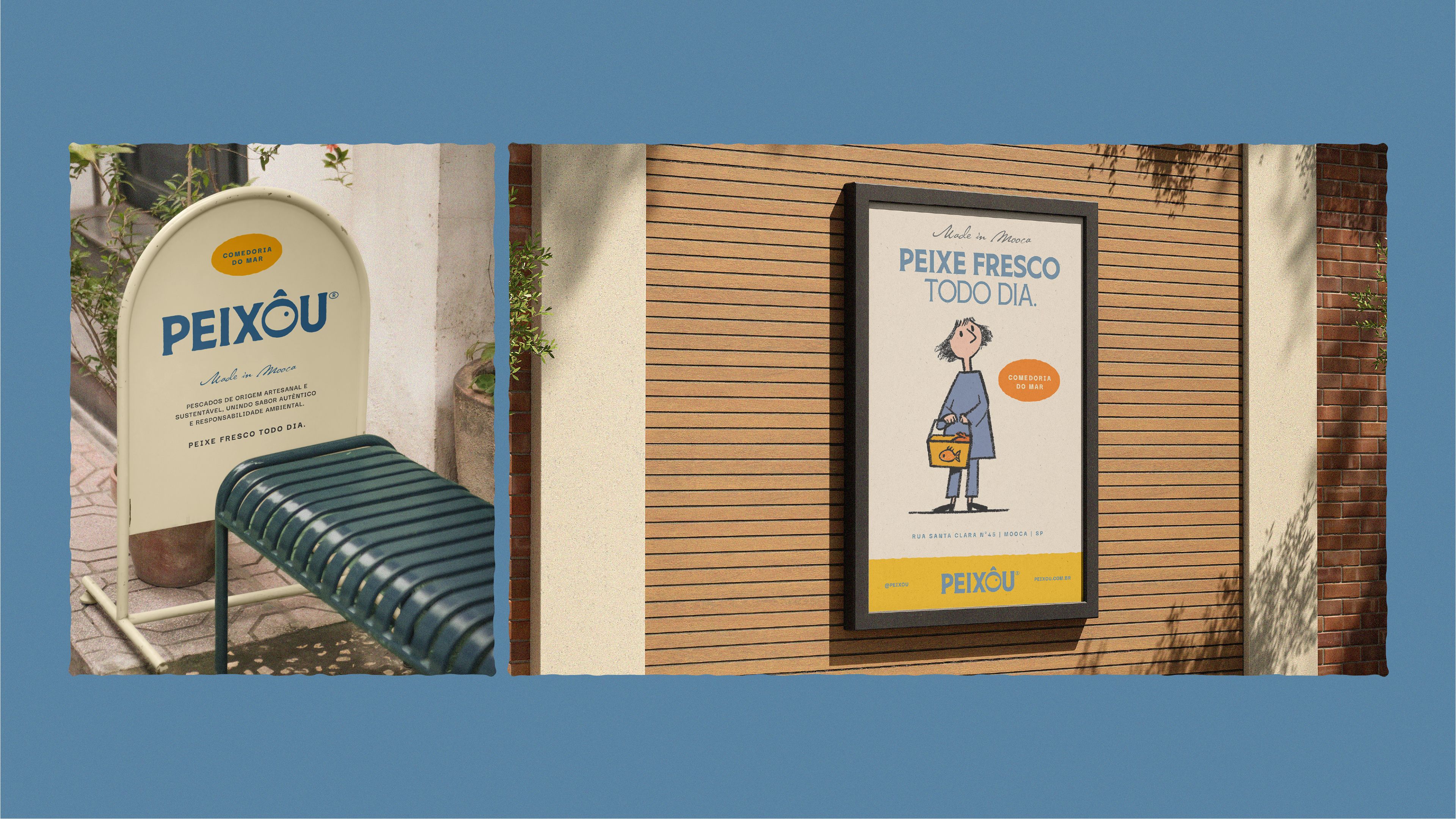 Totem de calçada e cartaz de parede com identidade visual da Peixou e ilustração de cliente com peixe.