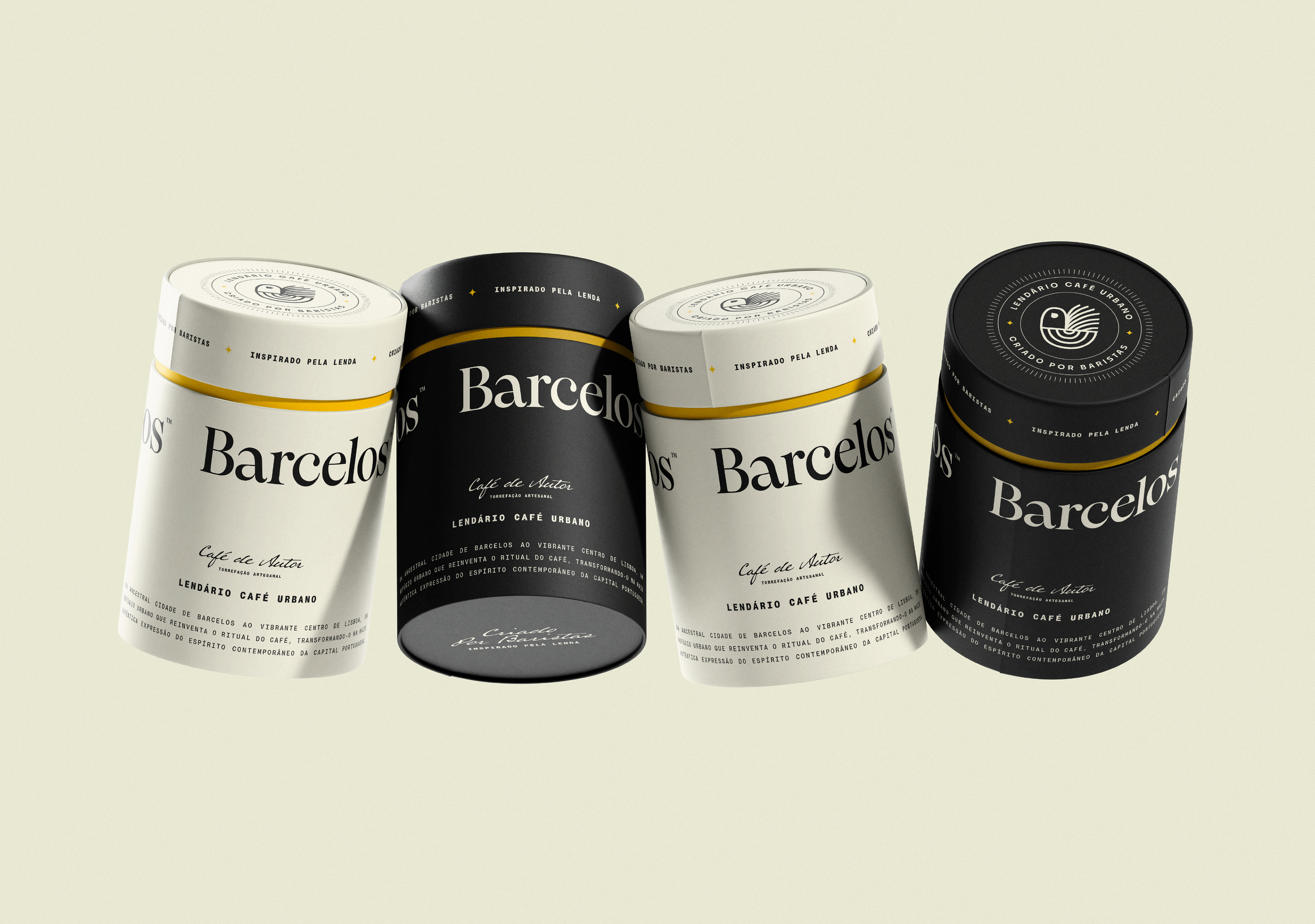 Latas de café premium em preto e branco com detalhes amarelos, mostrando logo e design sofisticado, reforçando branding elegante e identidade visual consistente.