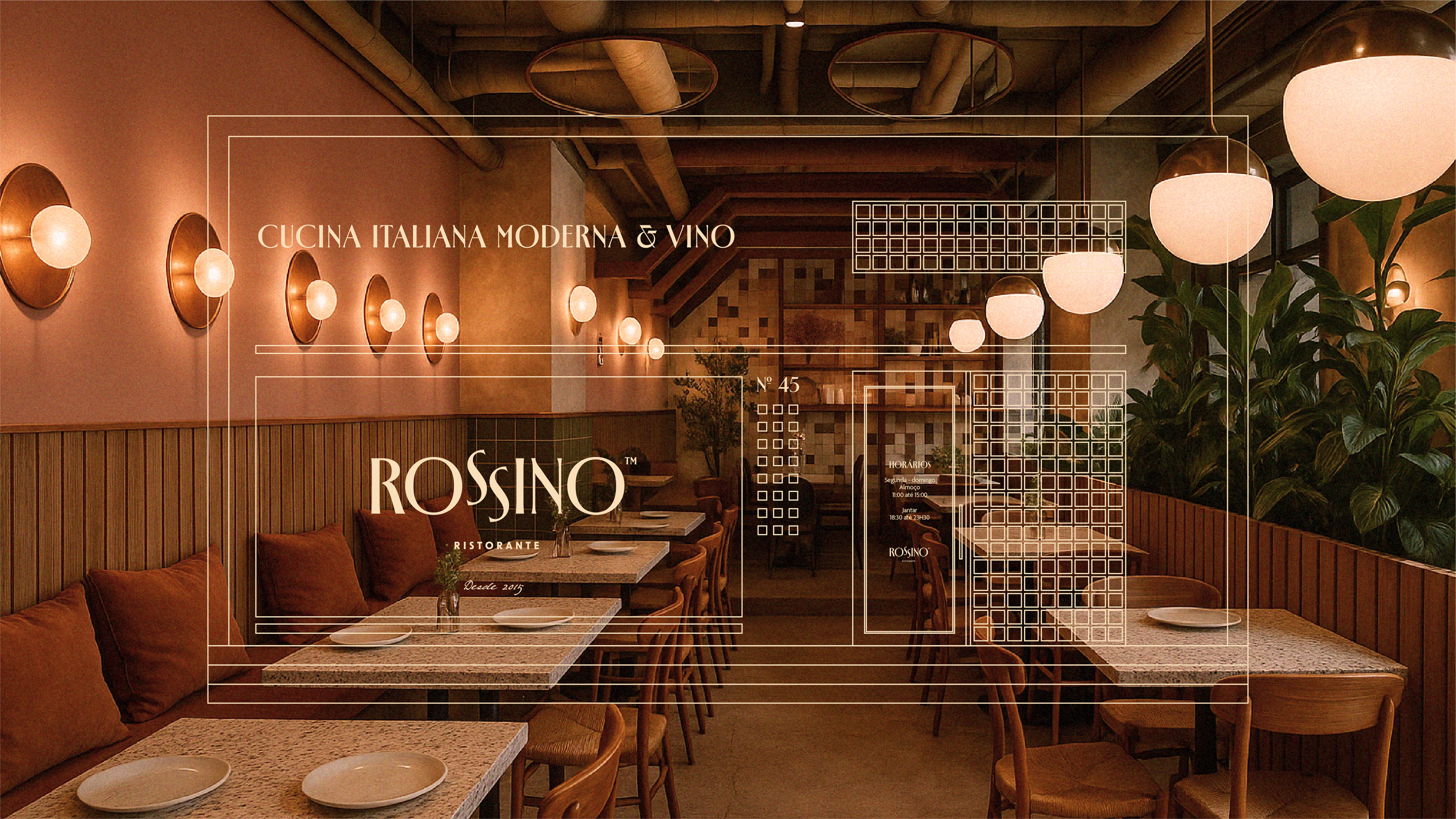 Projeto de branding Rossino com aplicação da identidade visual no interior do restaurante.