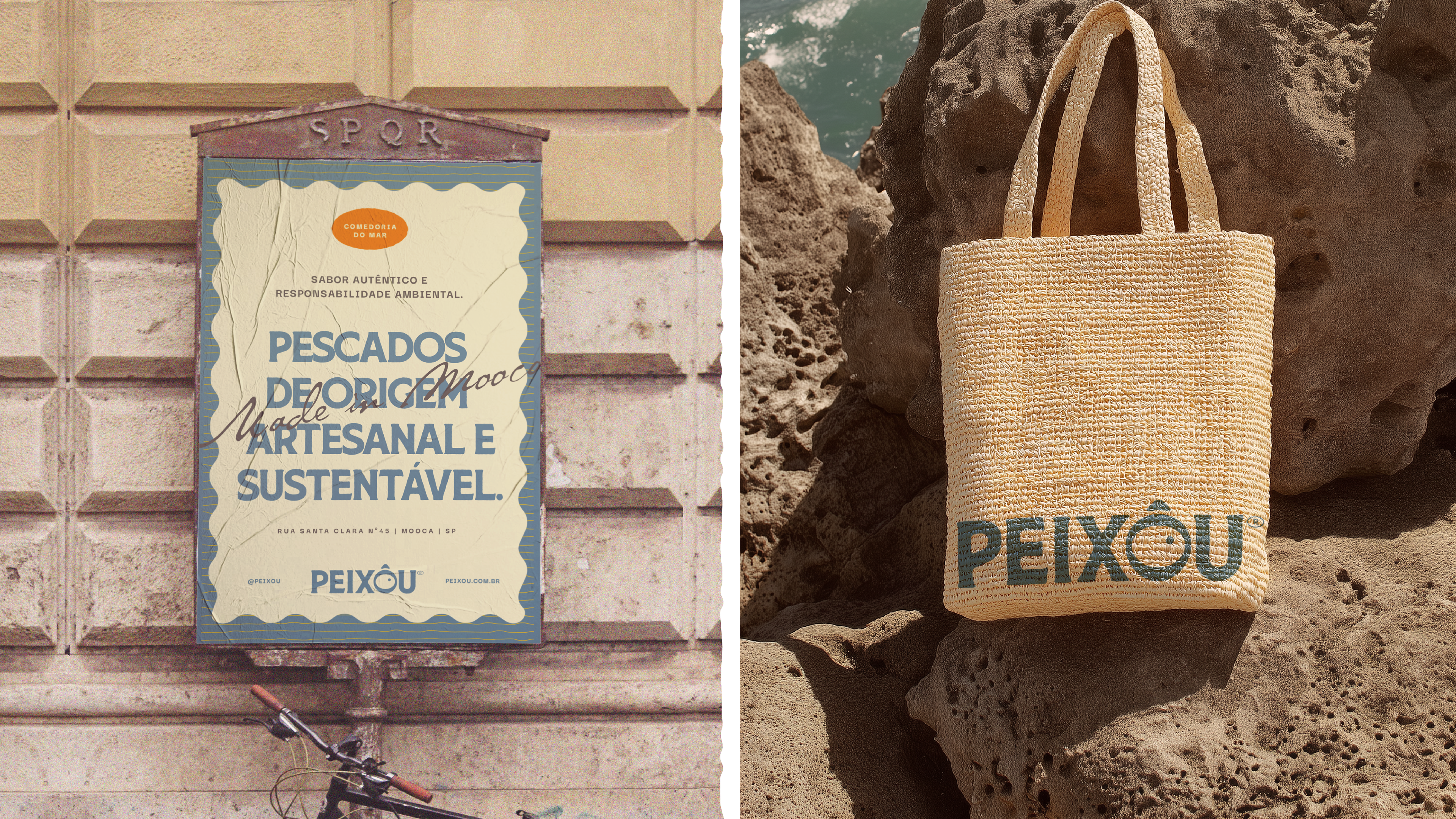Cartaz com mensagem sobre pesca artesanal e bolsa de palha com logo Peixou sobre pedras.