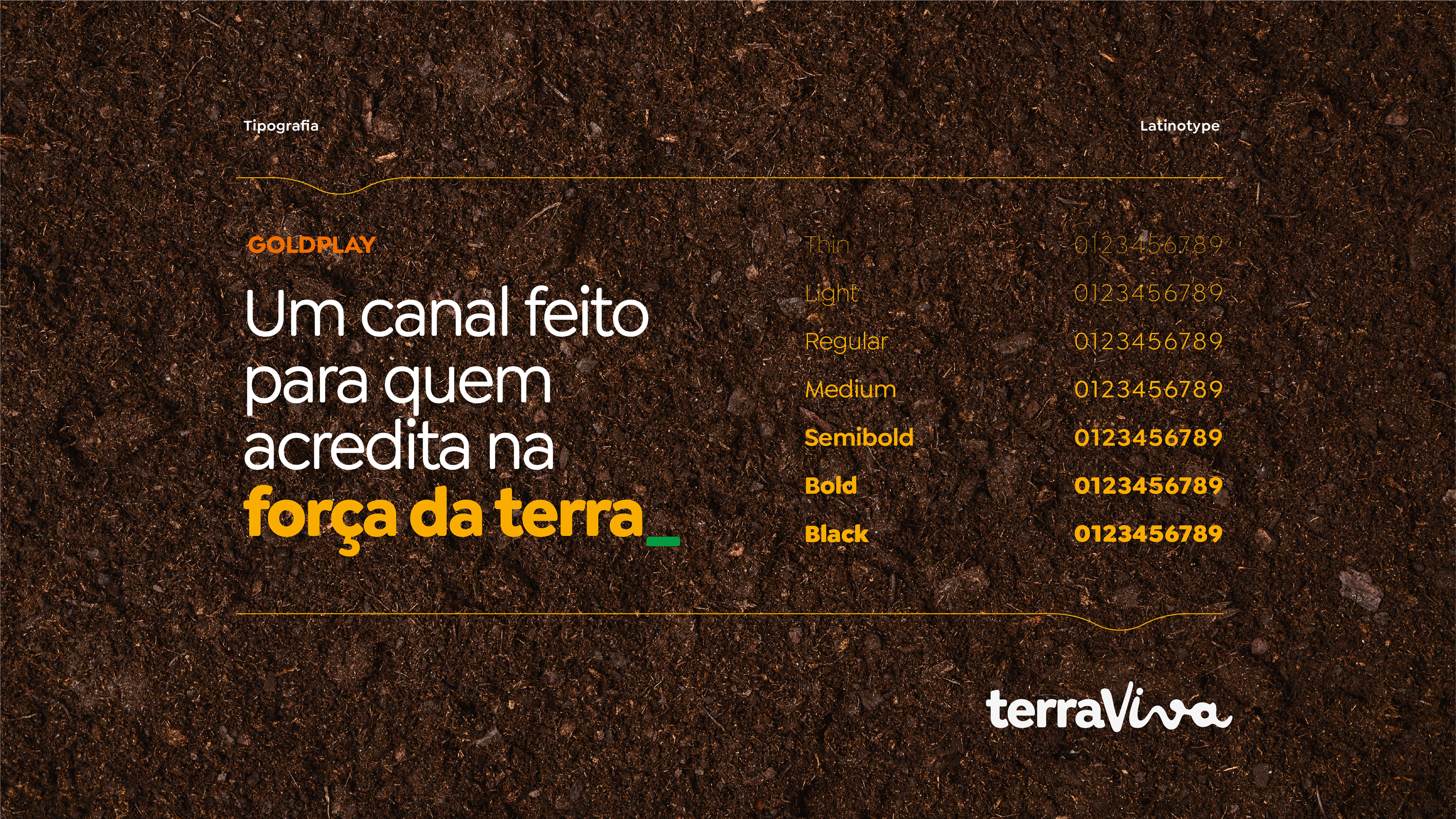 Tipografia institucional Terraviva com variações de peso, reforçando design de marca e Branding ligado ao campo e à terra.
