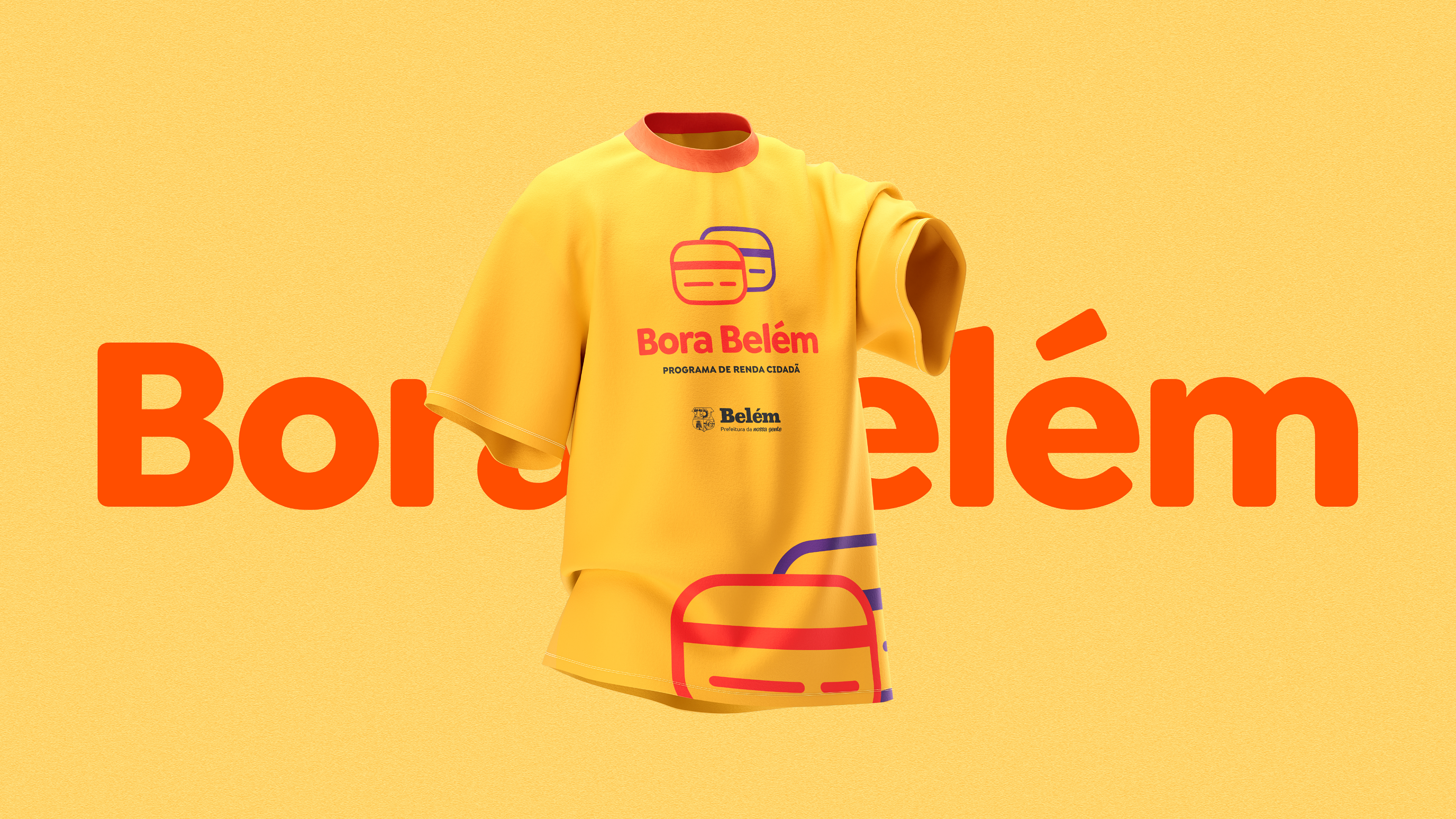 Camiseta promocional com o logo e as cores do Bora Belém, reforçando a identidade visual da marca e sua conexão com o público por meio de materiais de apoio.