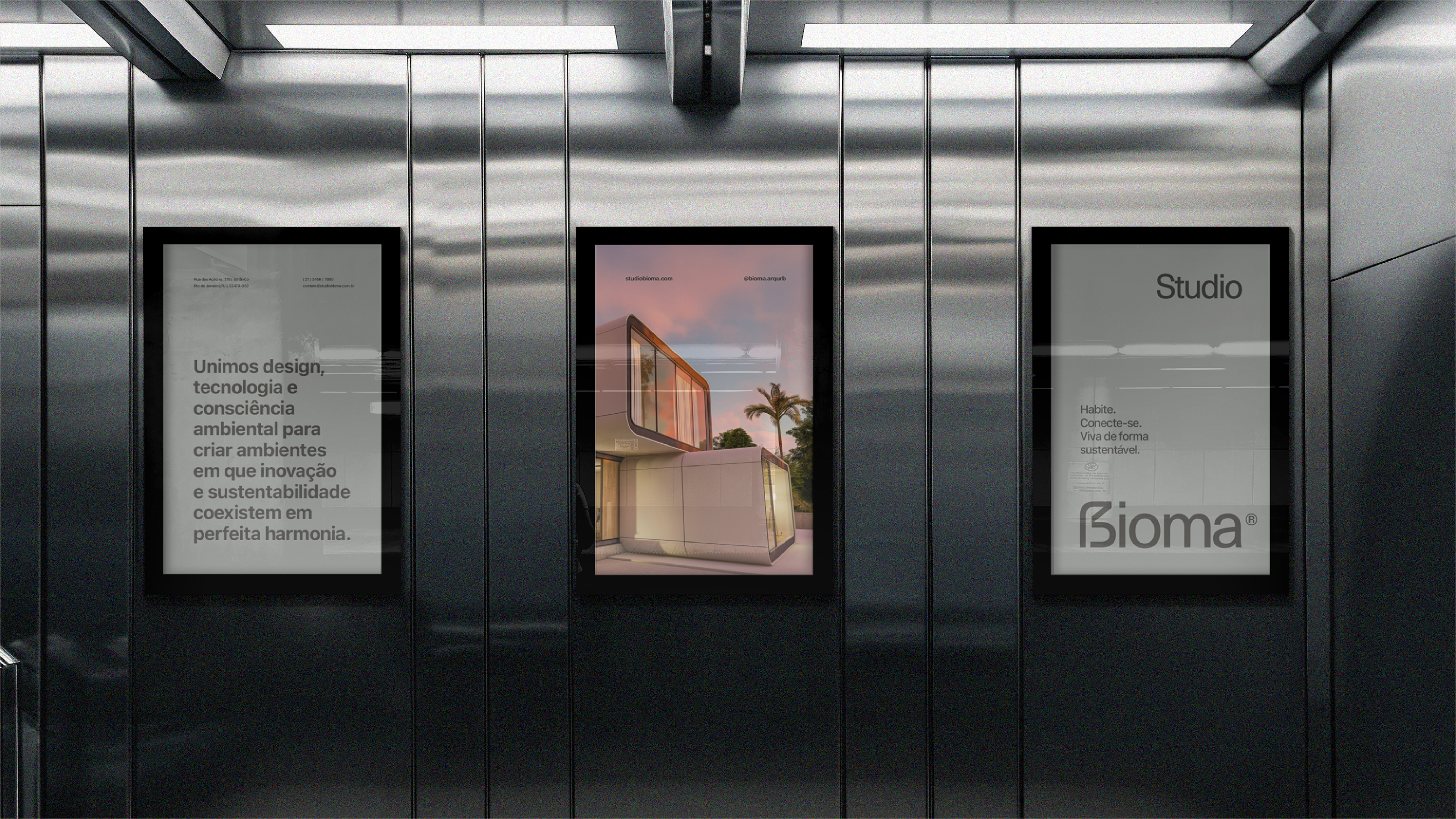Mockup de publicidade do Studio Bioma com identidade visual aplicada ao ambiente digital – presença de marca contemporânea.