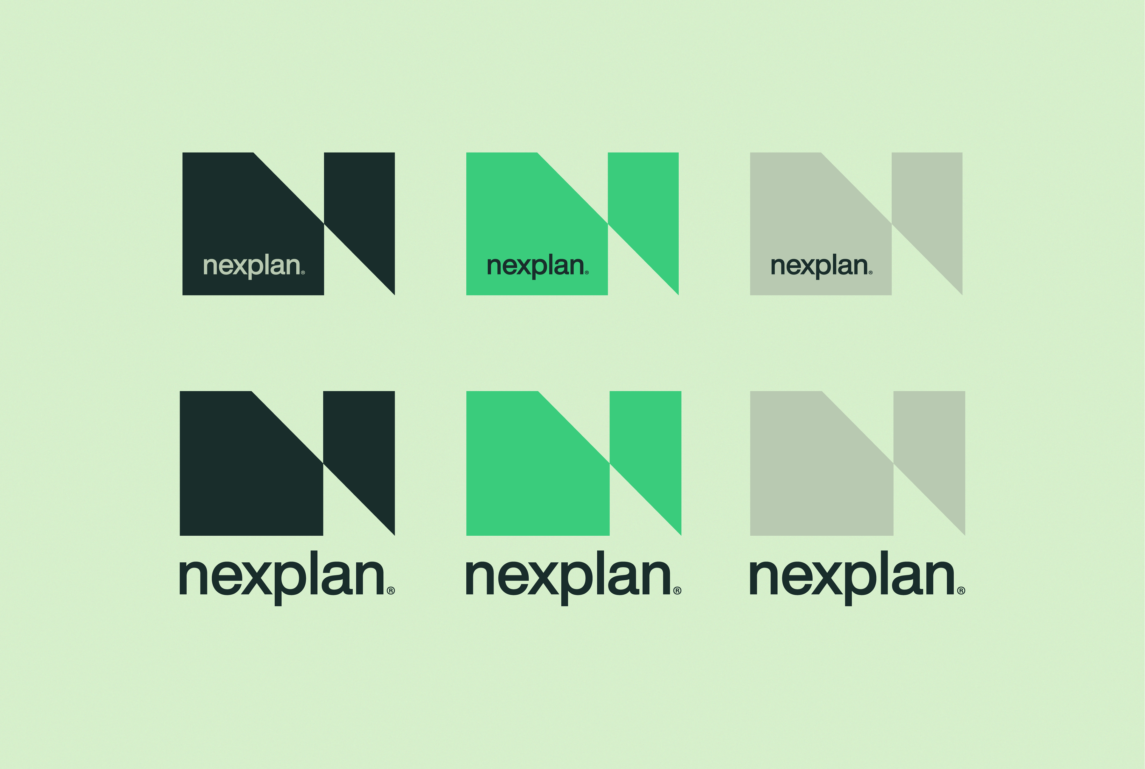 Identidade visual da Nexplan com aplicações do logo em diferentes cores e fundos, demonstrando consistência e flexibilidade no branding.