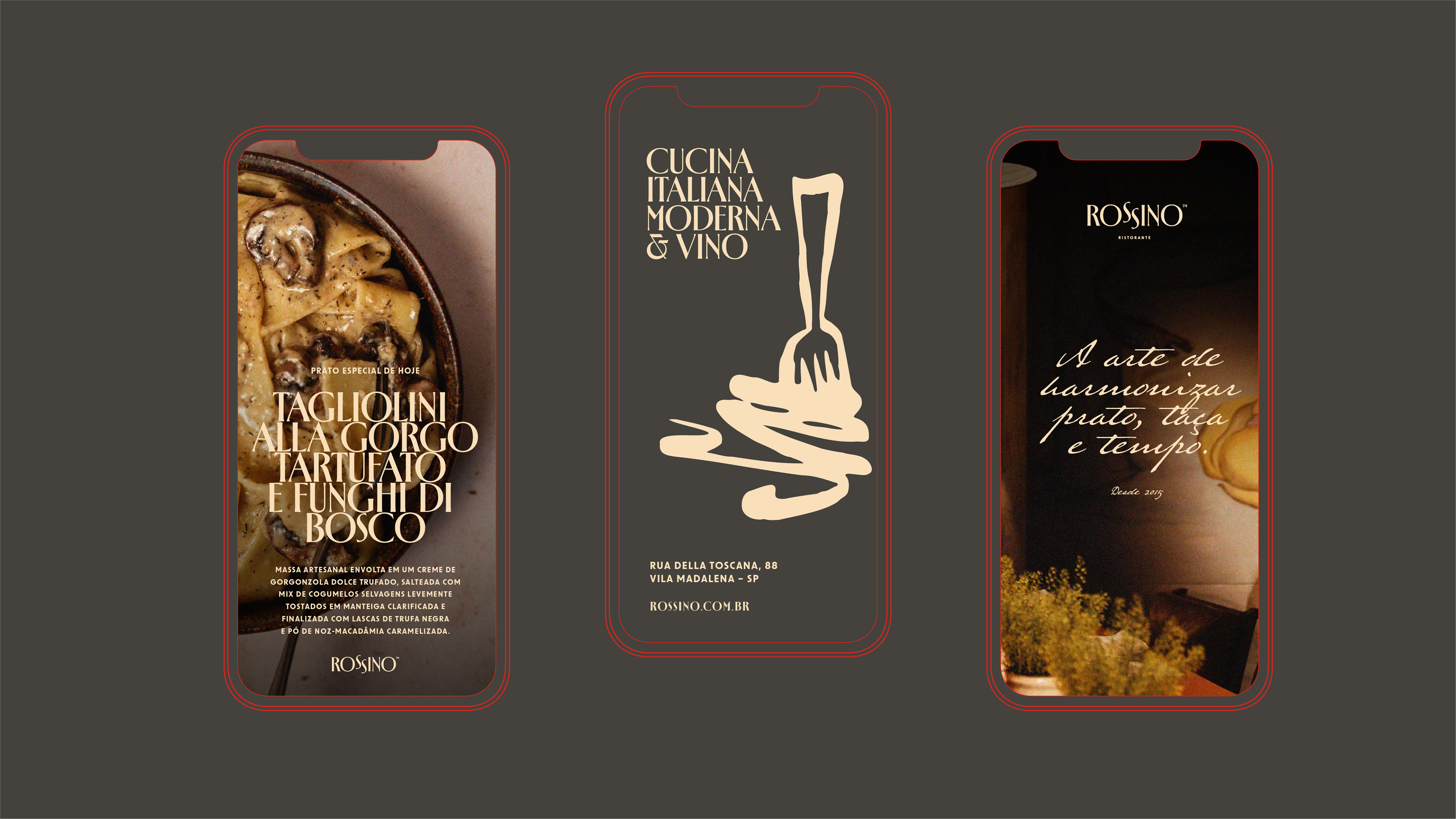 Design de stories do Rossino com prato, slogan e elementos visuais da identidade de marca gastronômica.