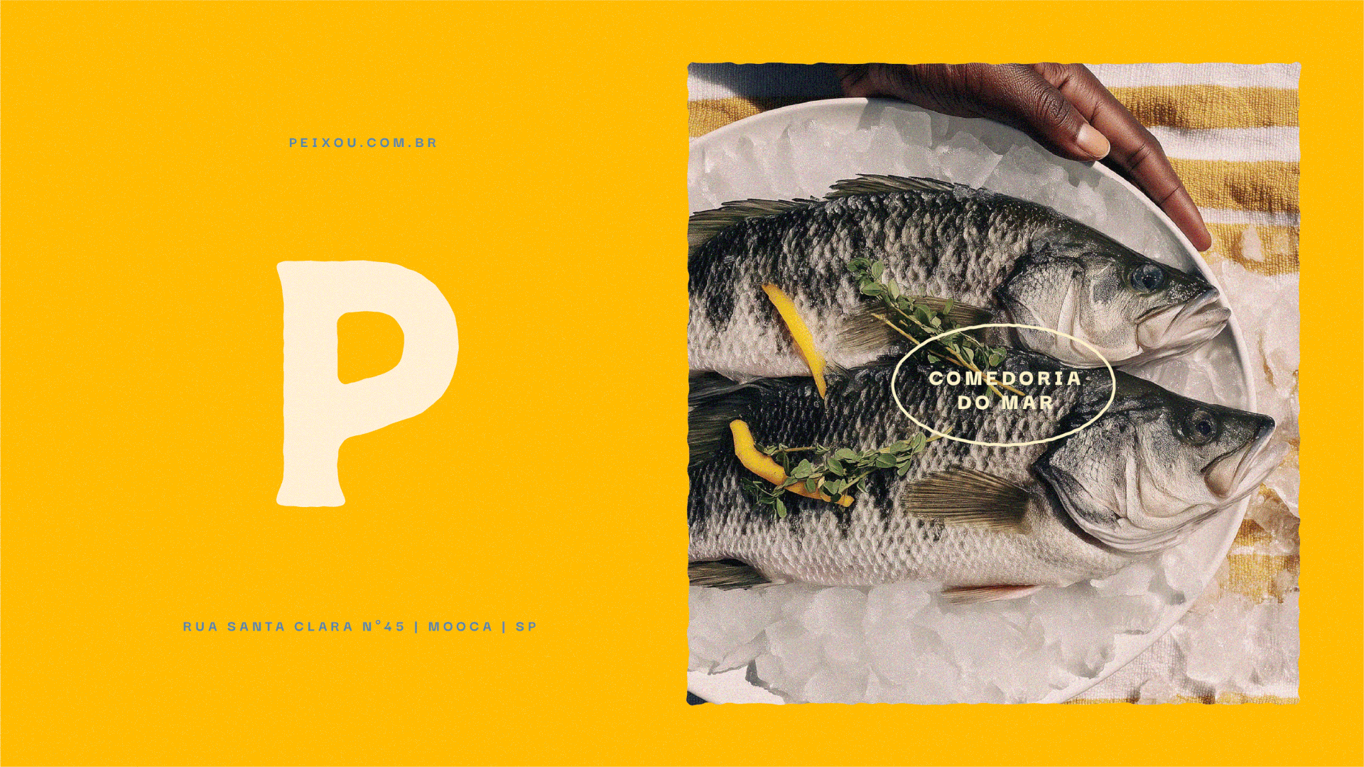 Logotipo da Peixou seguido por repetição gráfica da letra “U” sobre fundo amarelo.