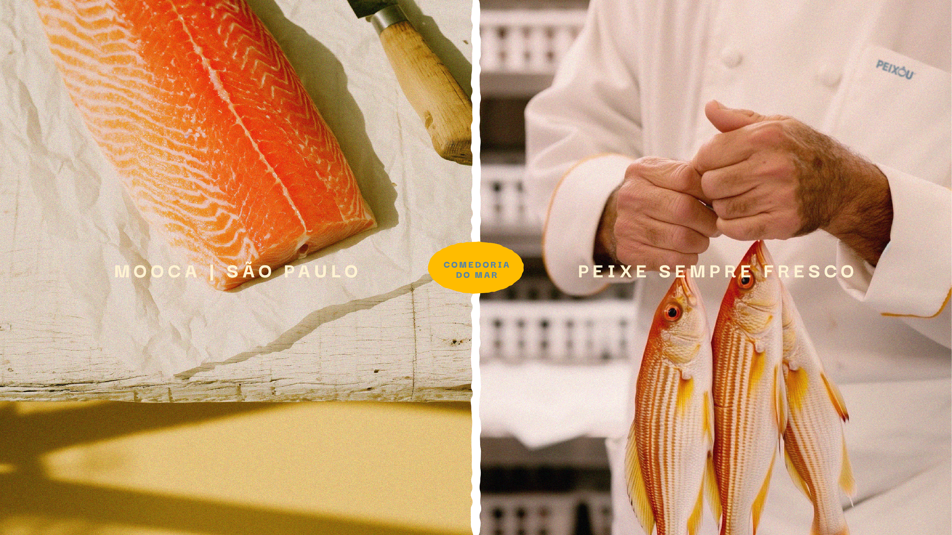 Filé de salmão e chef segurando peixes frescos, com selo “Comedoria do Mar”.