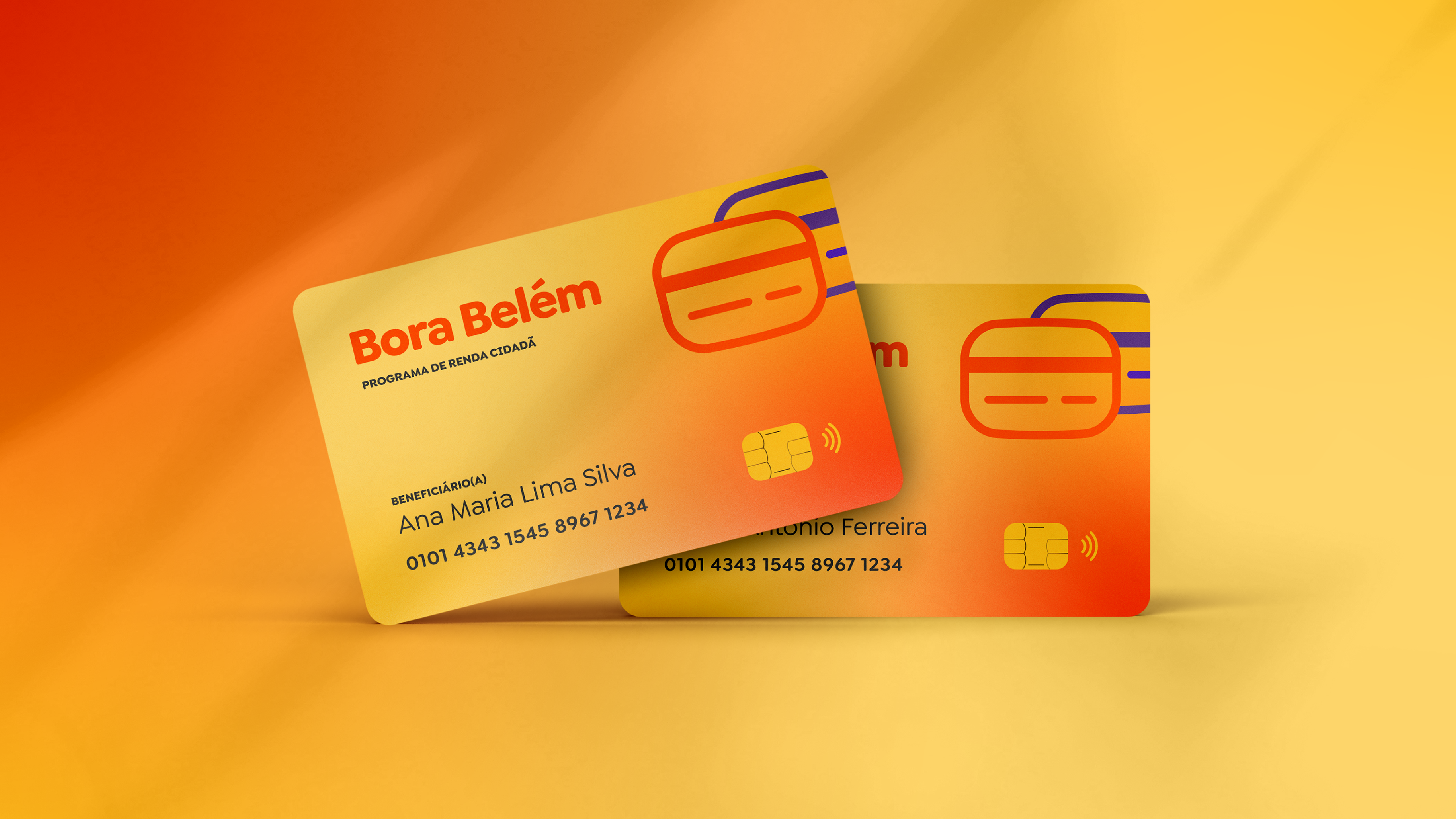 Cartões do programa Bora Belém com design limpo e impactante, representando a aplicação prática da identidade visual e a força da marca no cotidiano.