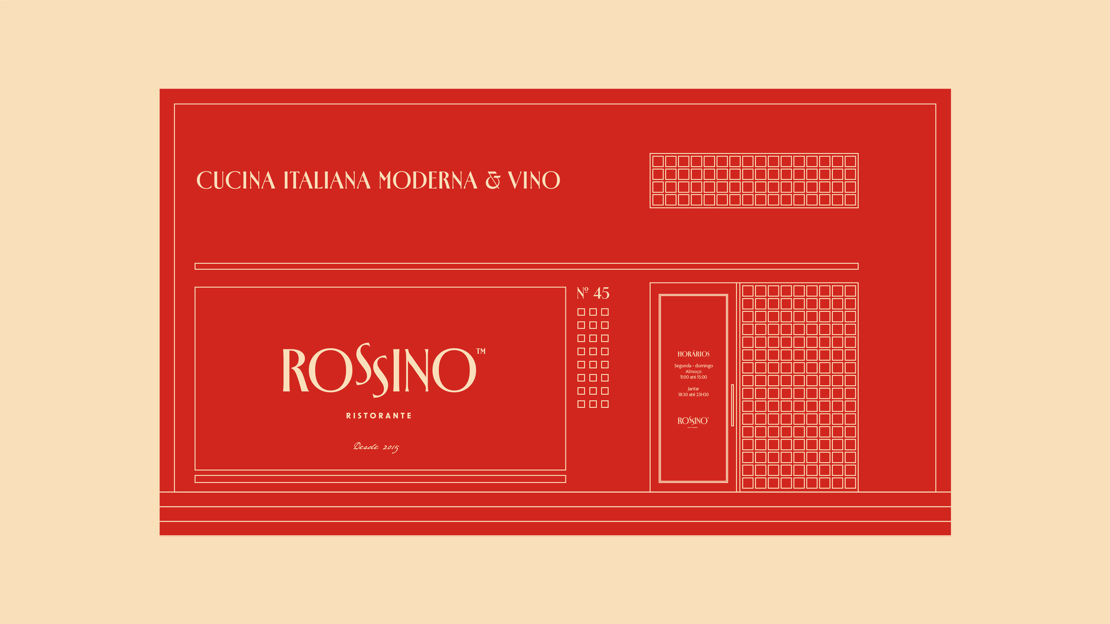 Fachada ilustrada do Rossino com logotipo e elementos do projeto de identidade visual gastronômica.