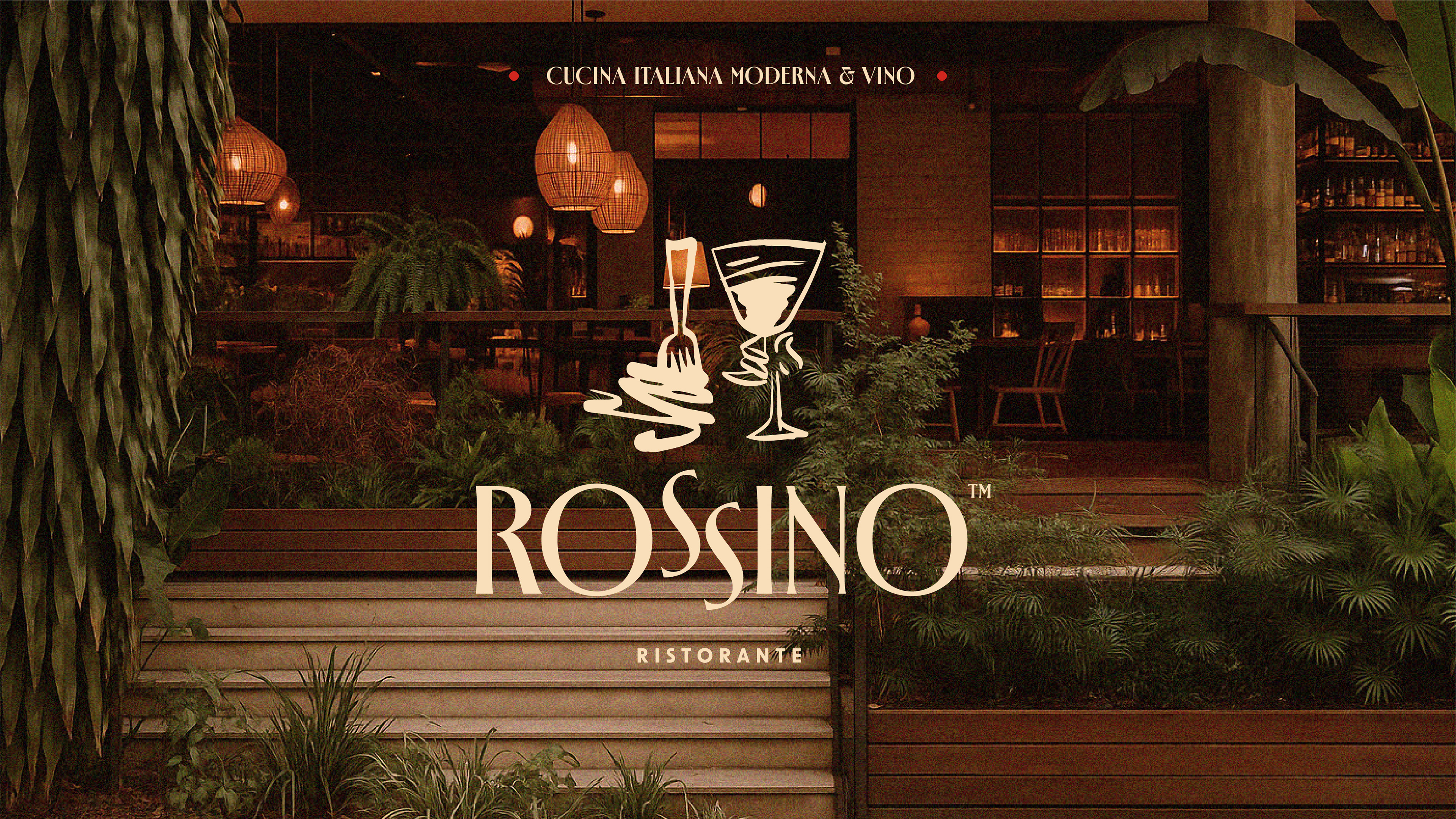 Aplicação do logotipo Rossino na entrada do restaurante, parte do projeto de branding premium.