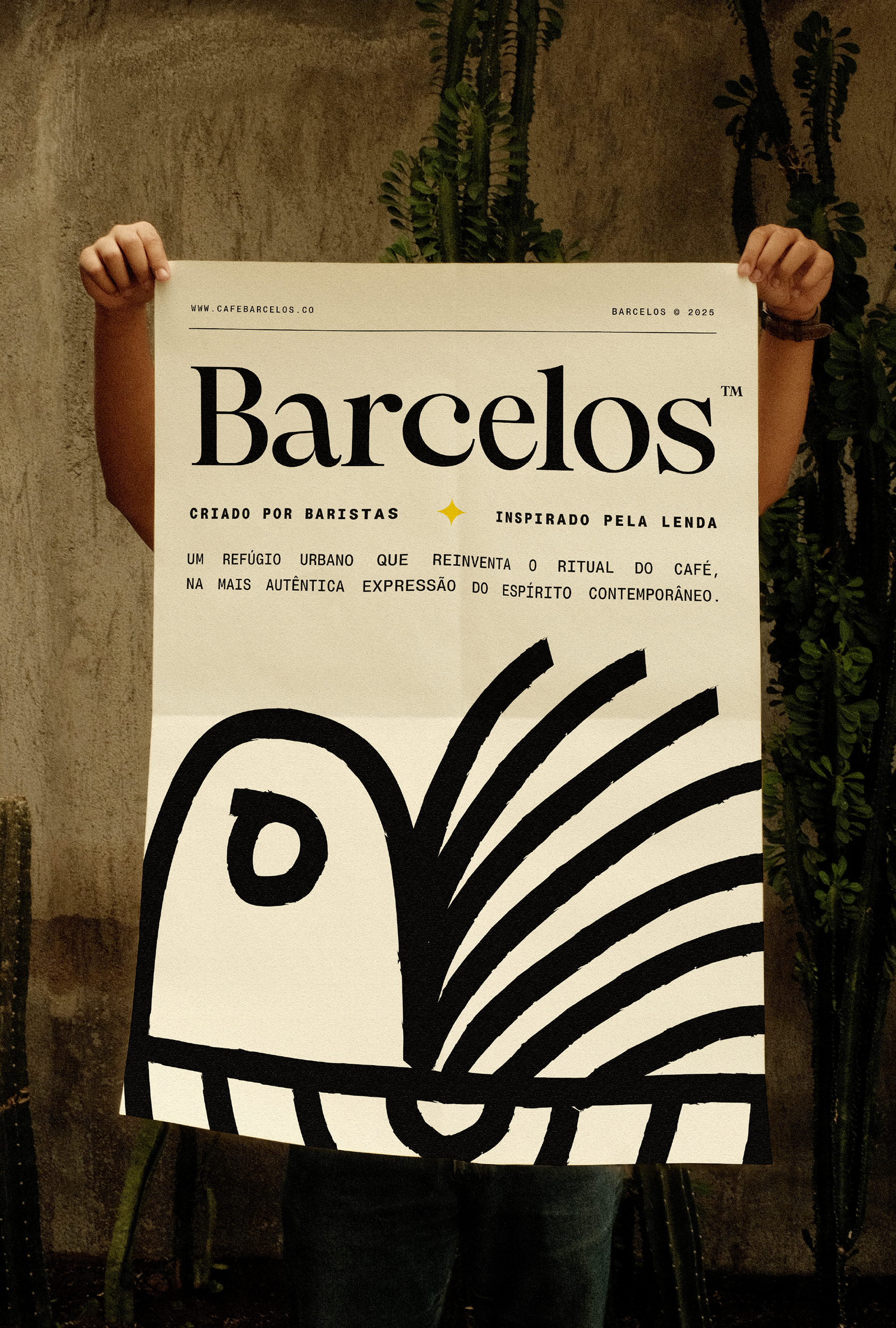 Cartaz branco com ilustração do Galo de Barcelos, logo e tipografia marcante, exemplo de design gráfico ousado e branding cultural.