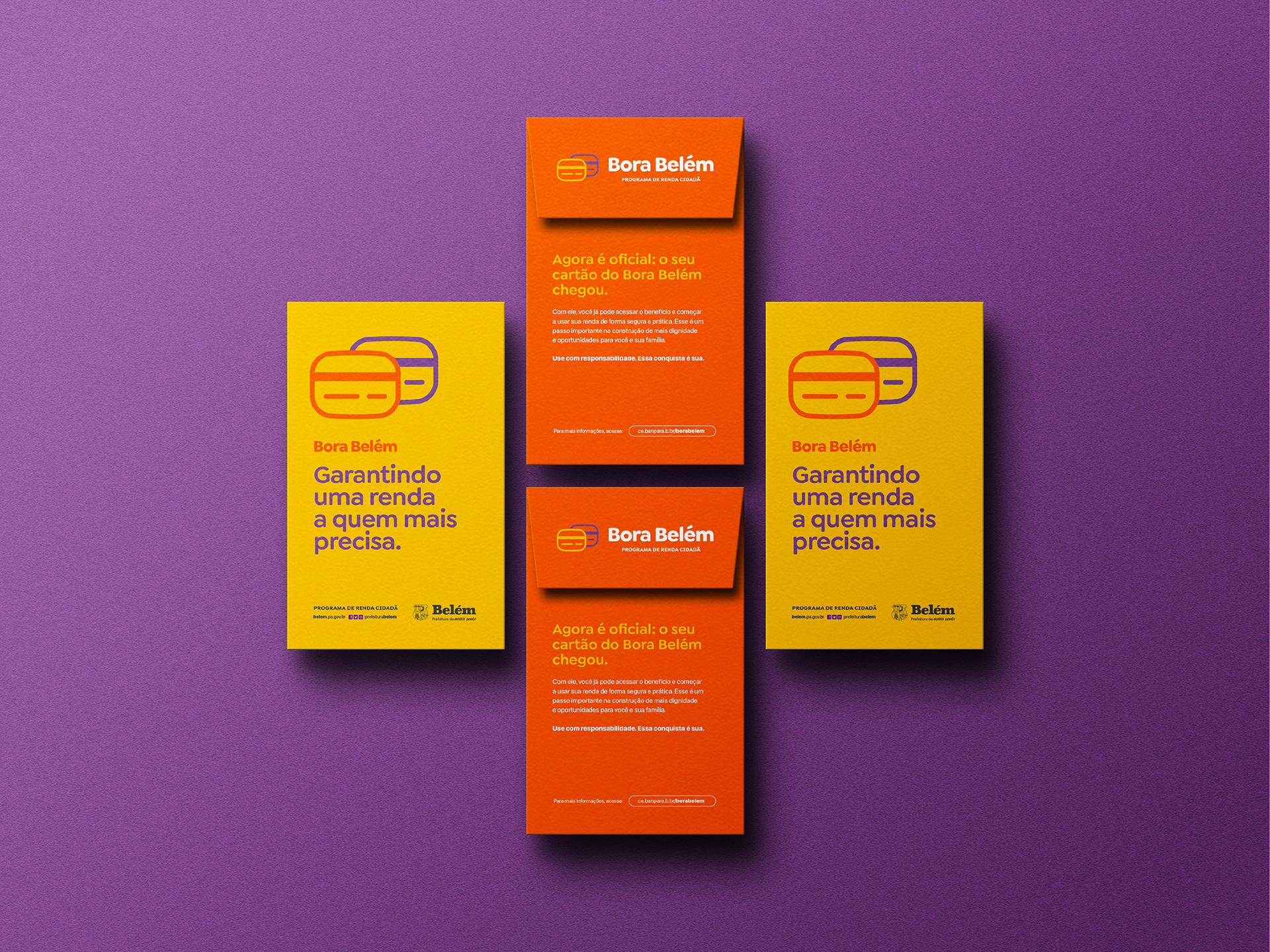 Peças gráficas de comunicação visual do Bora Belém, evidenciando um design funcional e direto, focado na informação clara e no impacto visual para fortalecer a marca.
