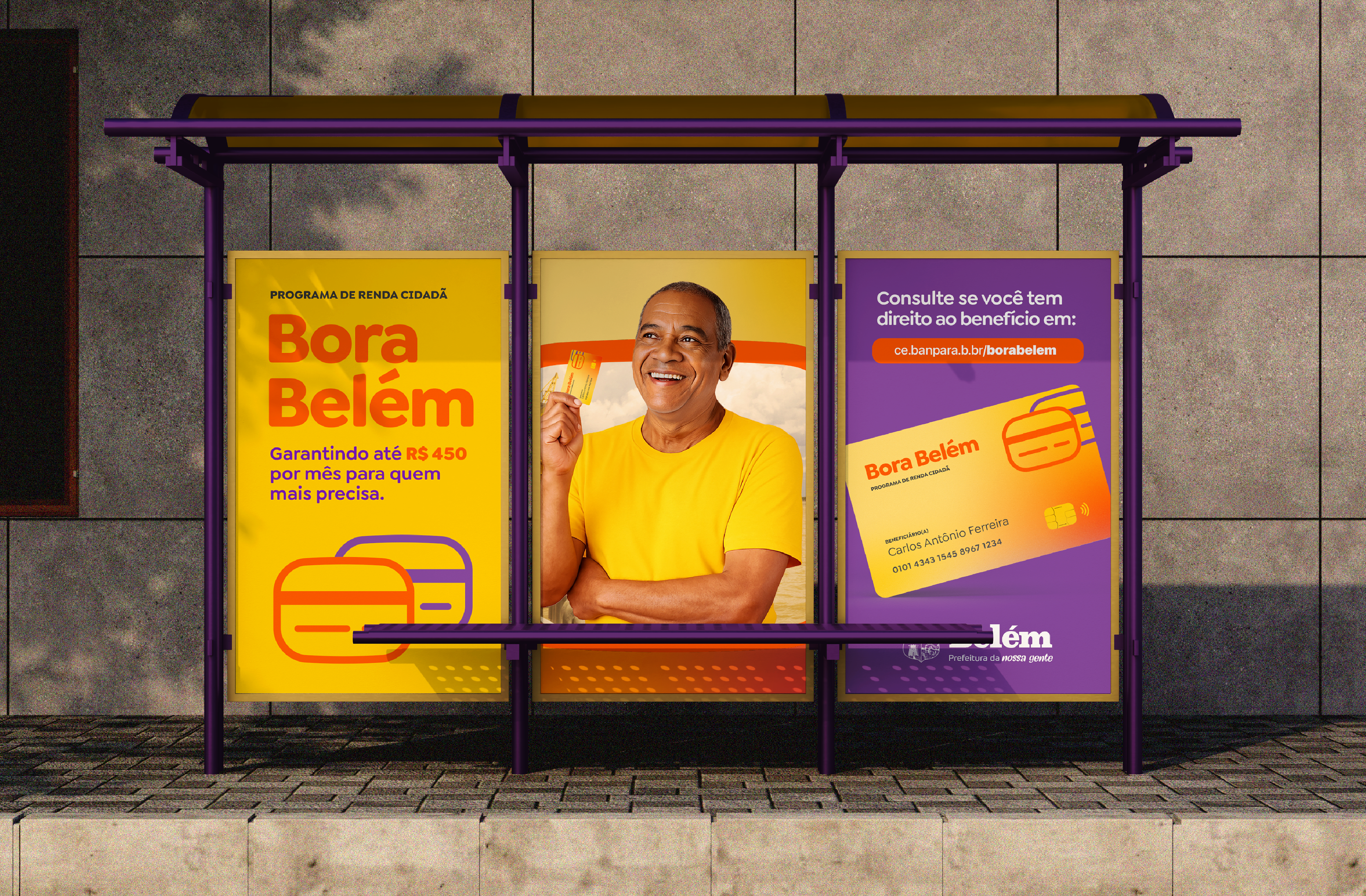 Aplicação do branding do Bora Belém em mobiliário urbano, integrando a marca ao espaço público e ampliando sua presença visual.
