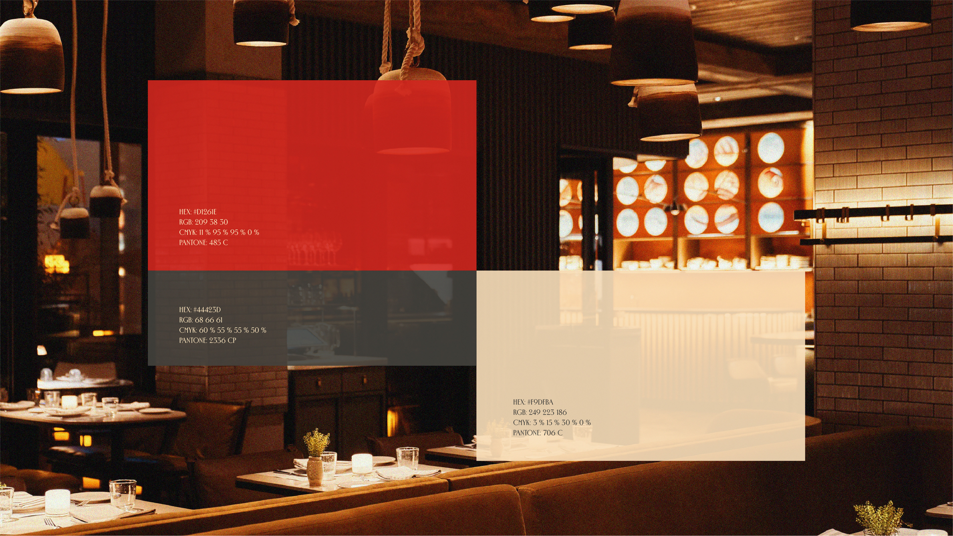 Cores da identidade visual Rossino com códigos Pantone, aplicadas ao branding para restaurante.