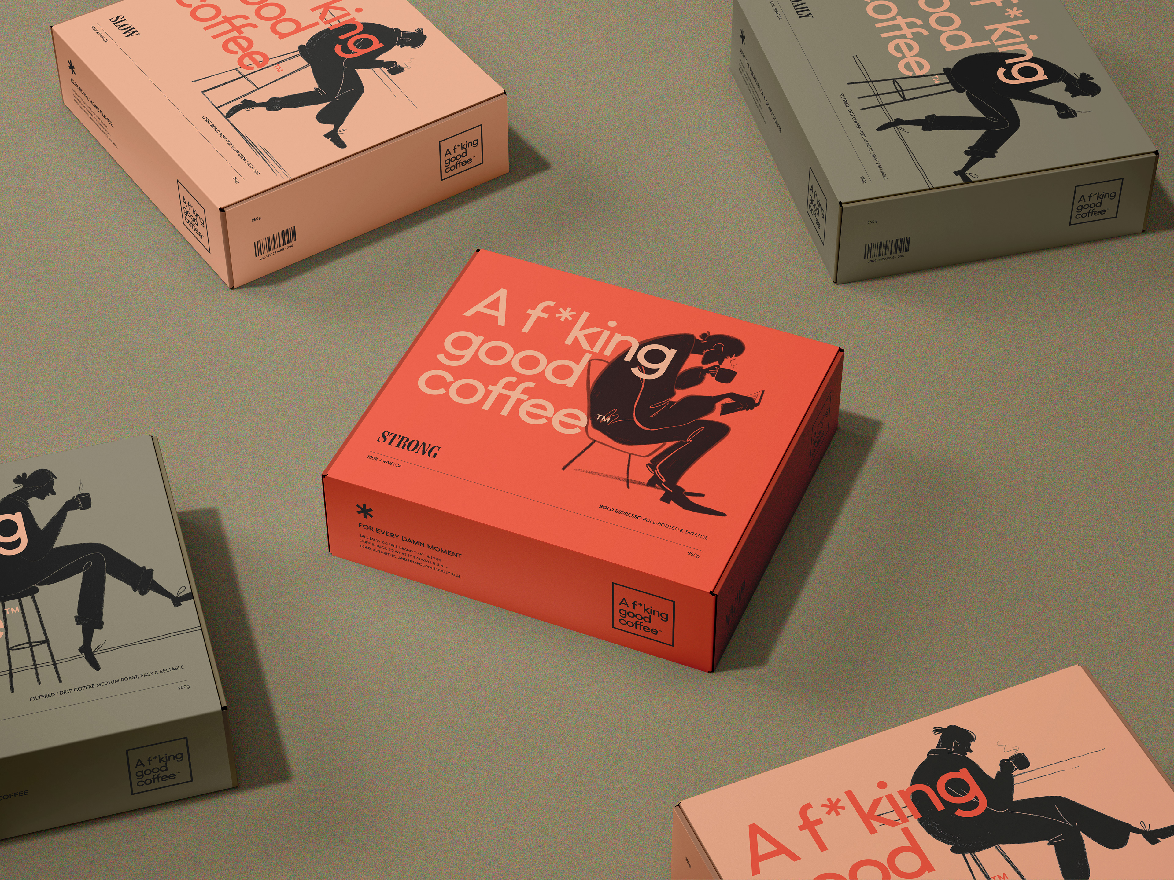 Embalagens de café com ilustração minimalista e slogan