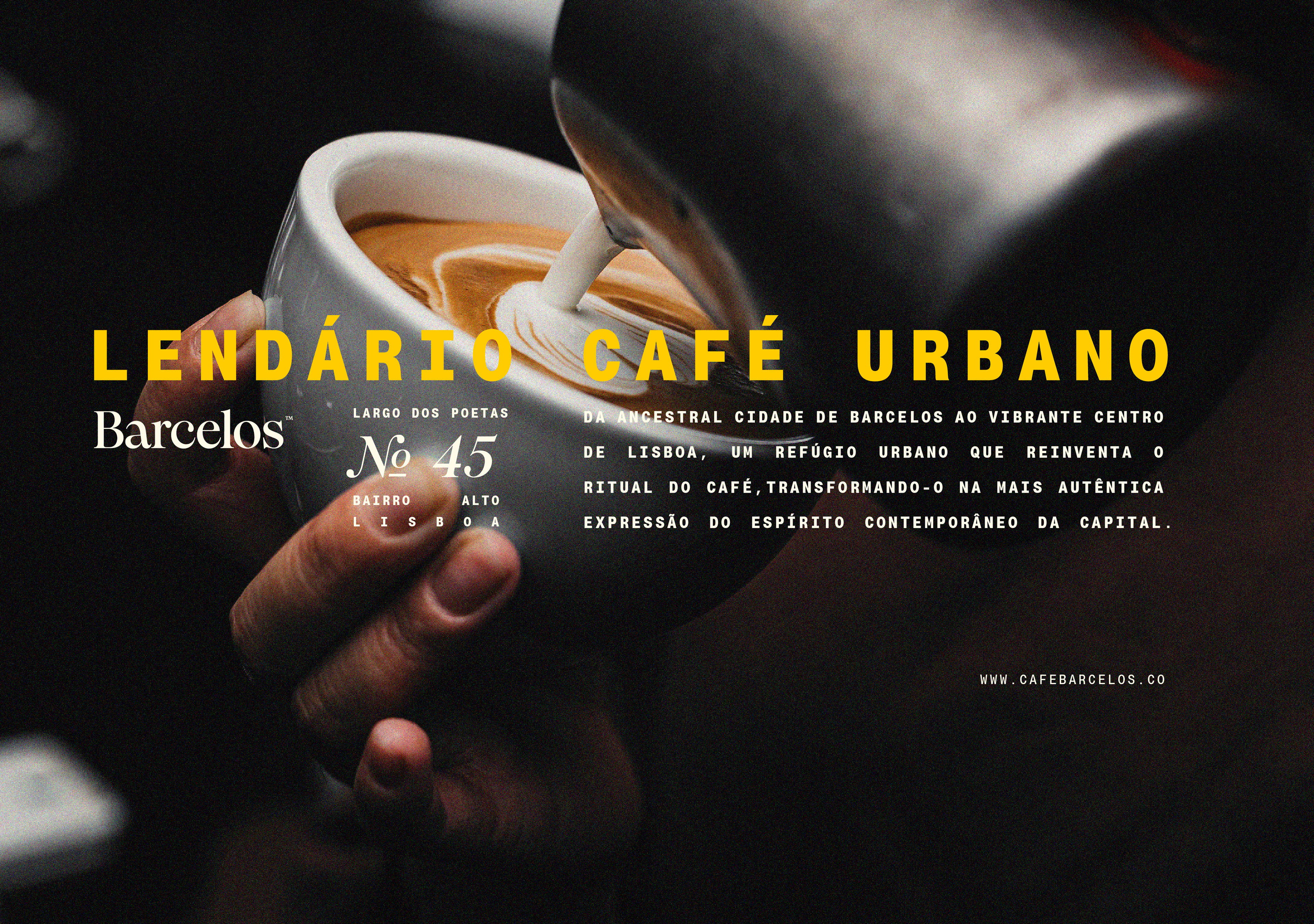 Foto de café latte com tipografia sobreposta e logo Barcelos, unindo design gráfico e branding para comunicação sensorial.