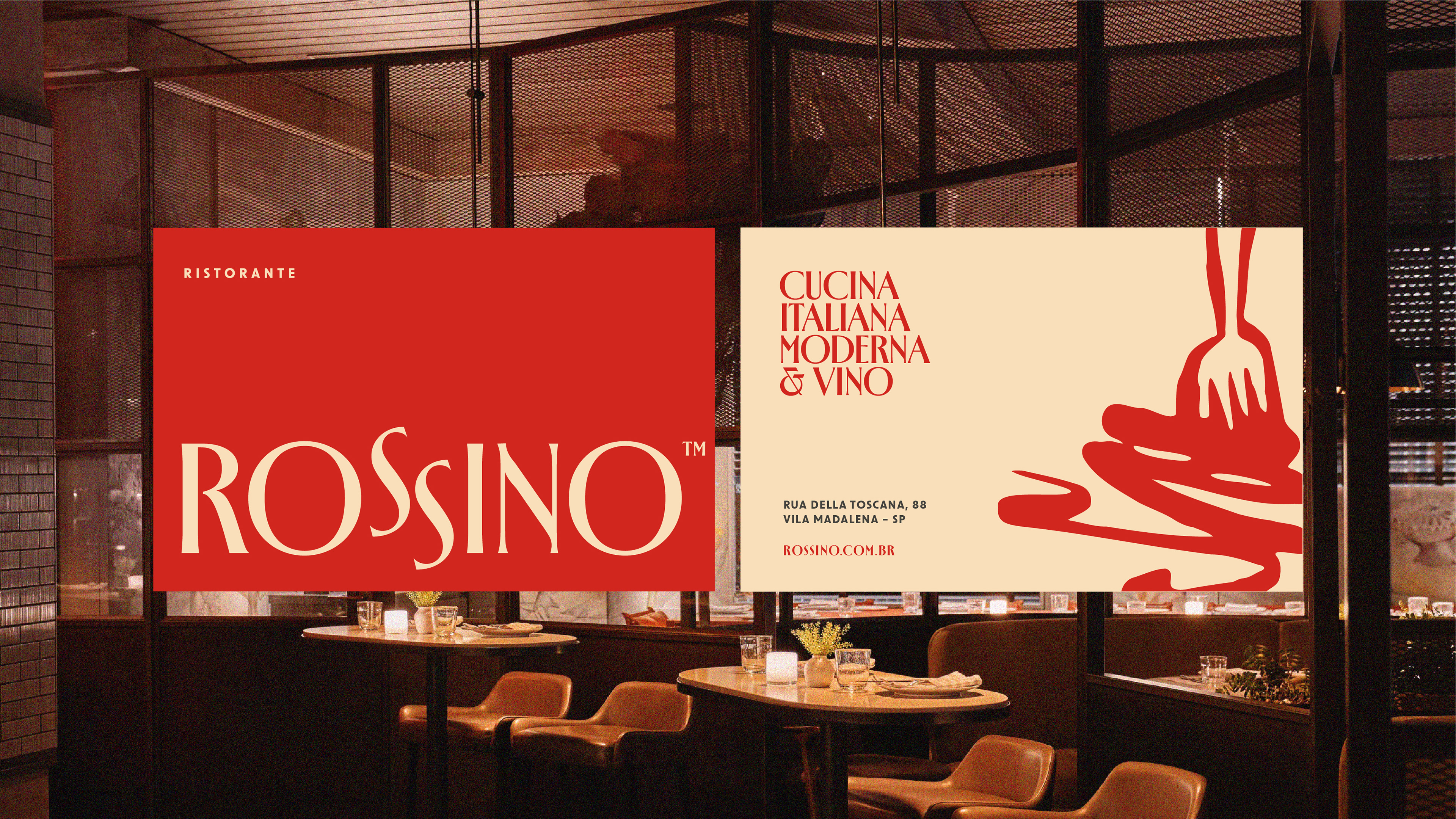 Logotipo e slogan do Rossino aplicados no restaurante, parte do projeto de branding gastronômico premium.