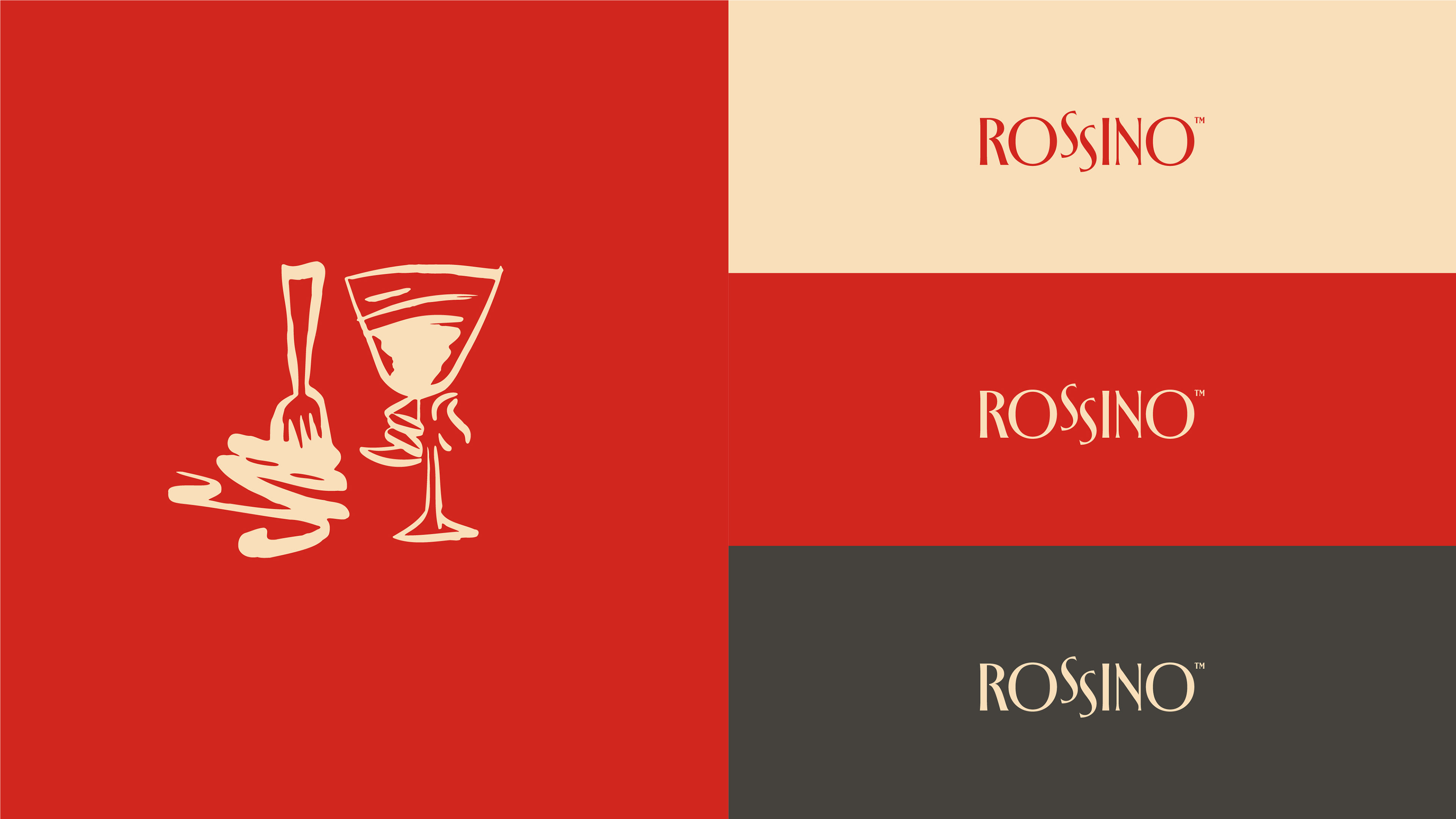 Variações do logotipo Rossino com ícones visuais aplicados à identidade de marca gastronômica.