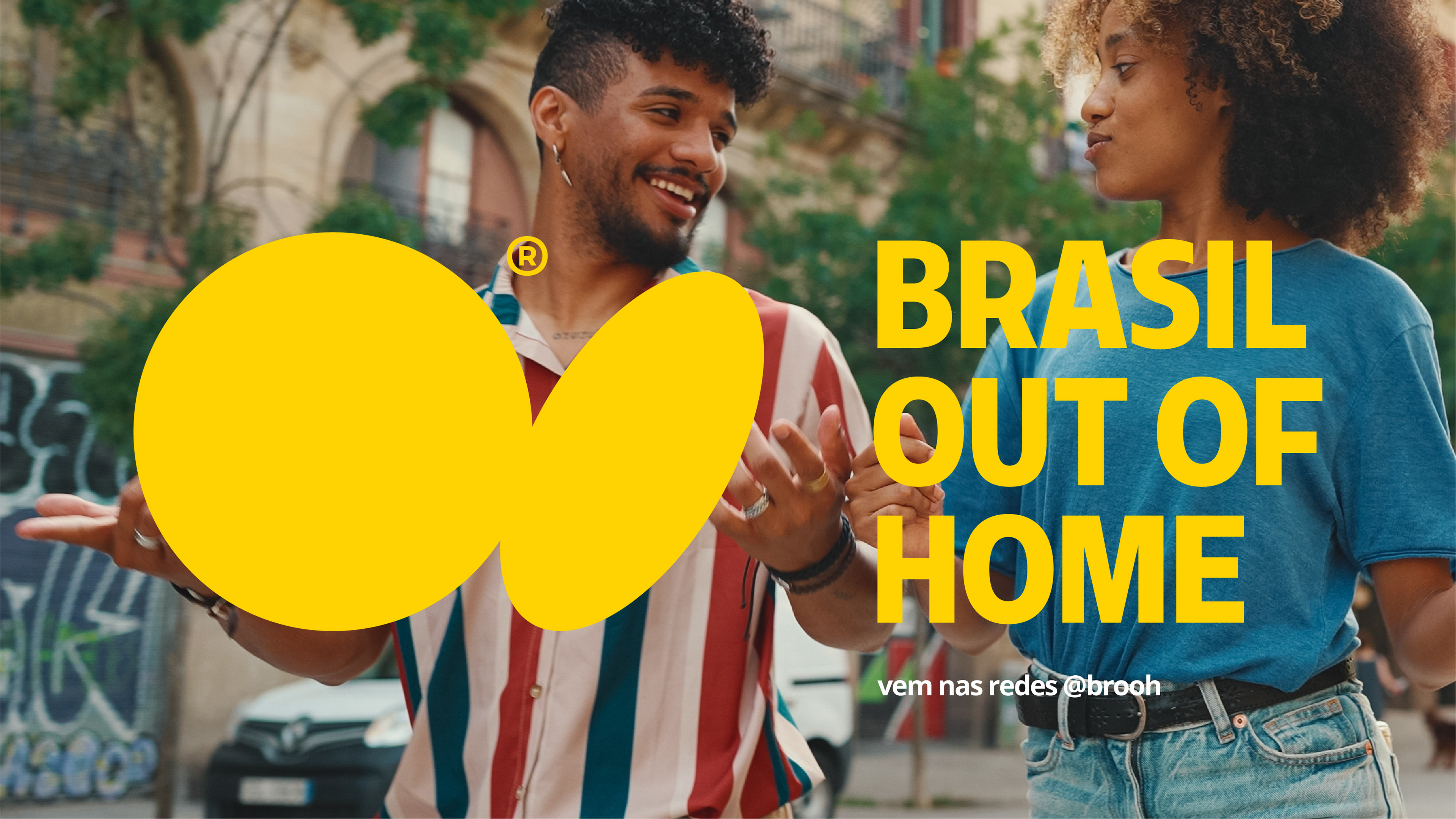 Comunicação visual da Brooh com foco em conexão urbana, logo em destaque e branding jovem voltado para o espaço público.