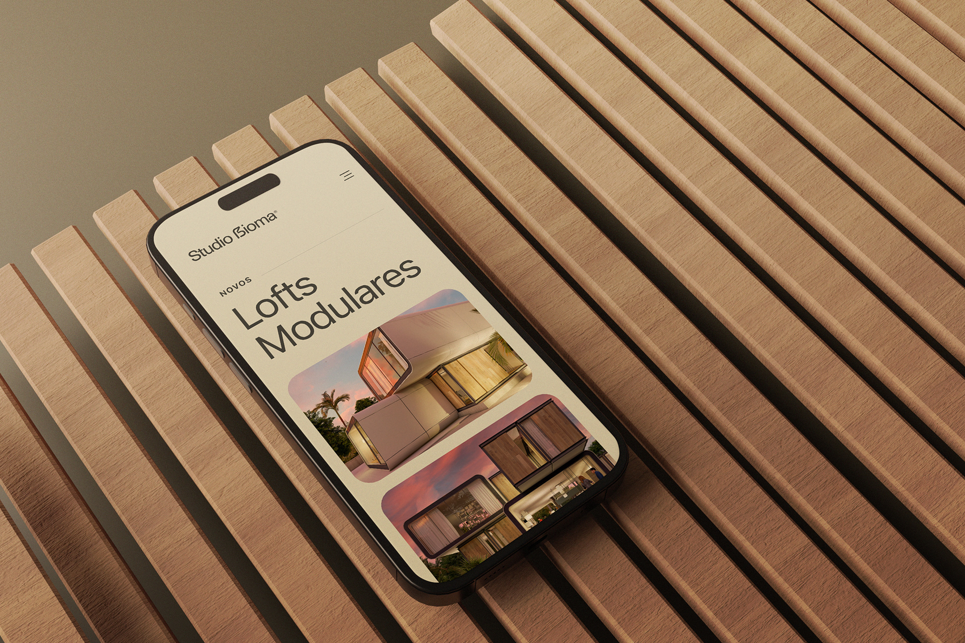 Mockup do site do Studio Bioma com identidade visual aplicada ao ambiente digital – presença de marca contemporânea.
