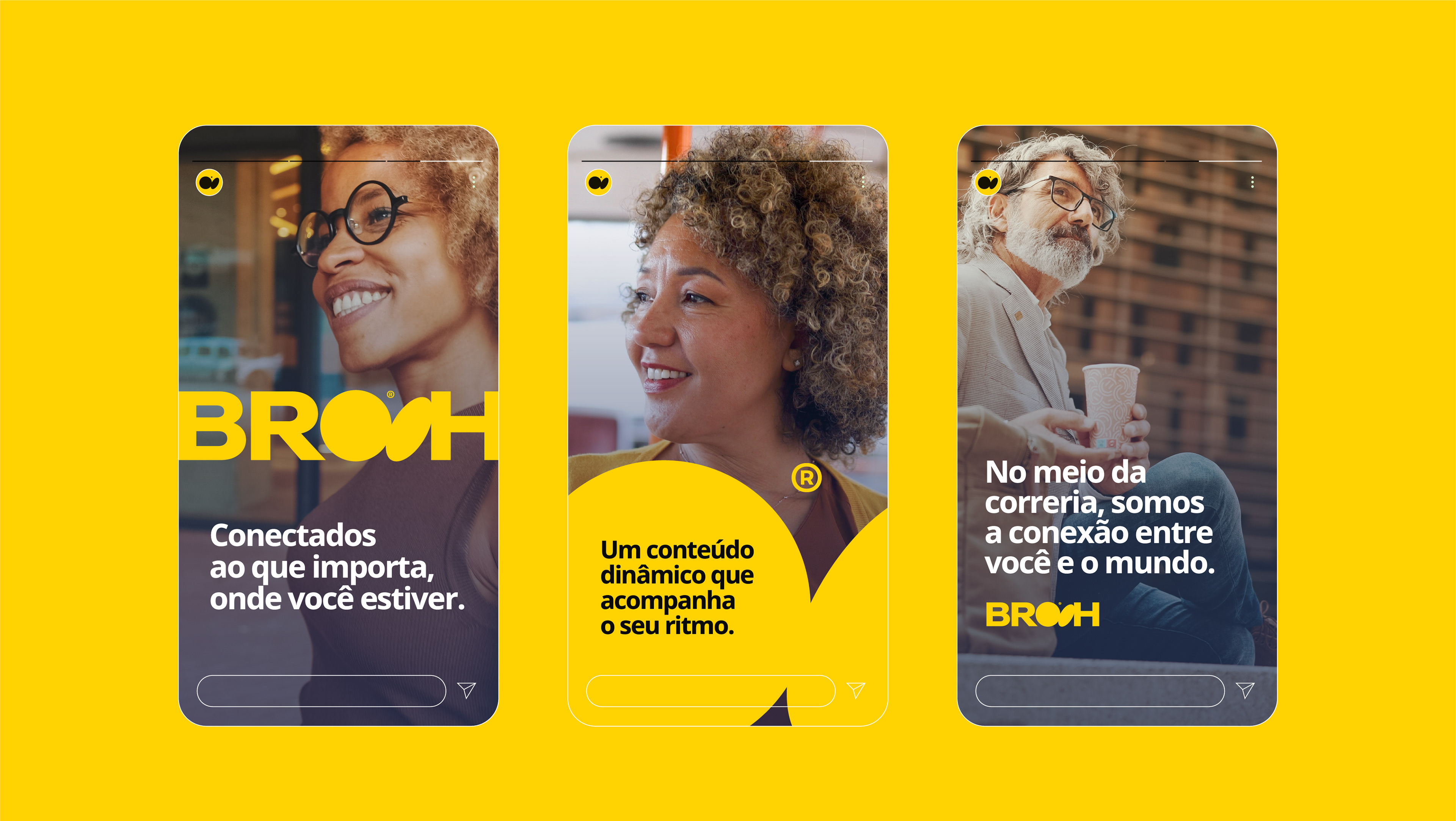 Identidade visual aplicada em cards digitais com design gráfico moderno, reforçando o posicionamento da marca Brooh em branding e conexão.