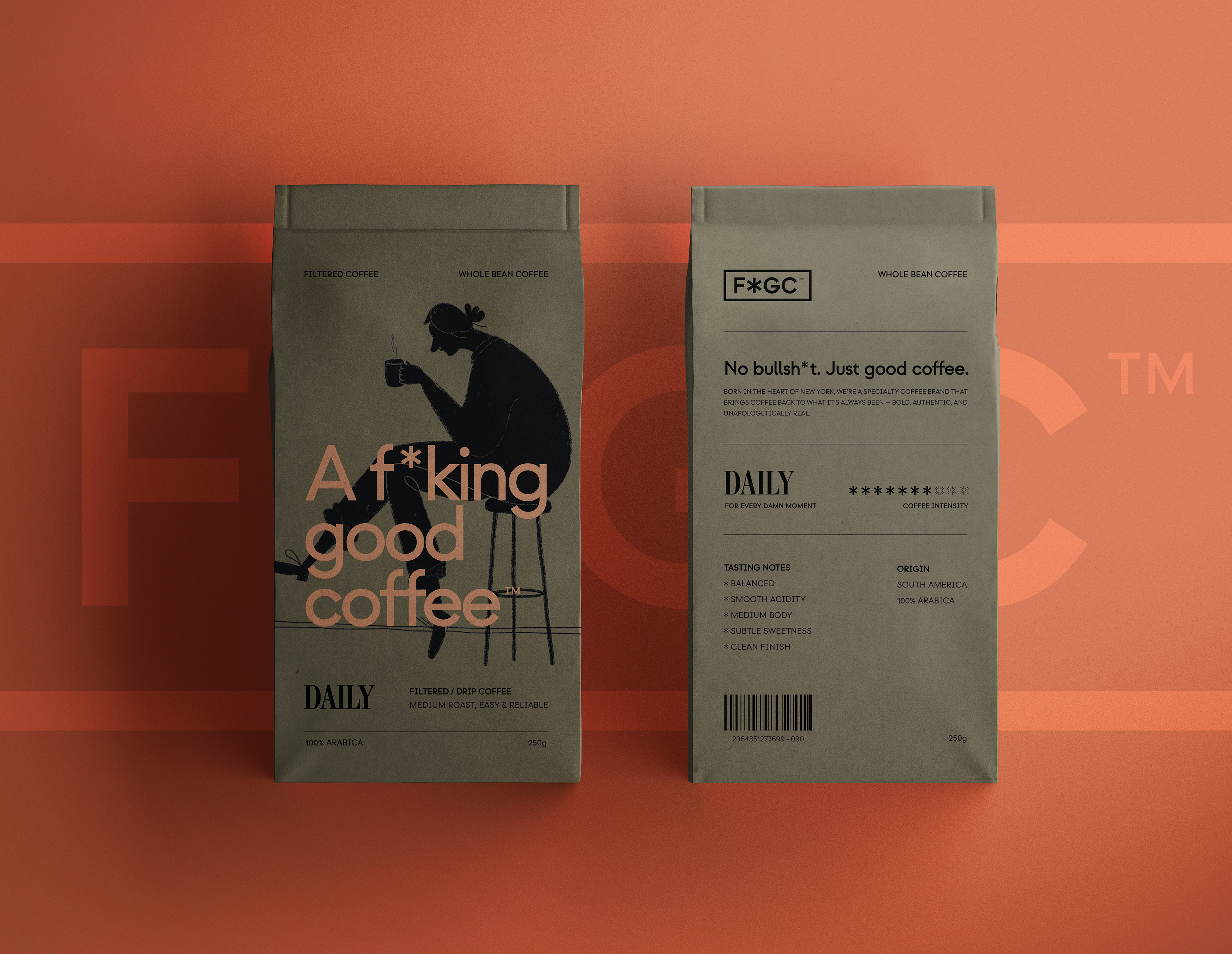 Embalagem de café com ilustração minimalista e slogan "No bullsh*t. Just good coffee."