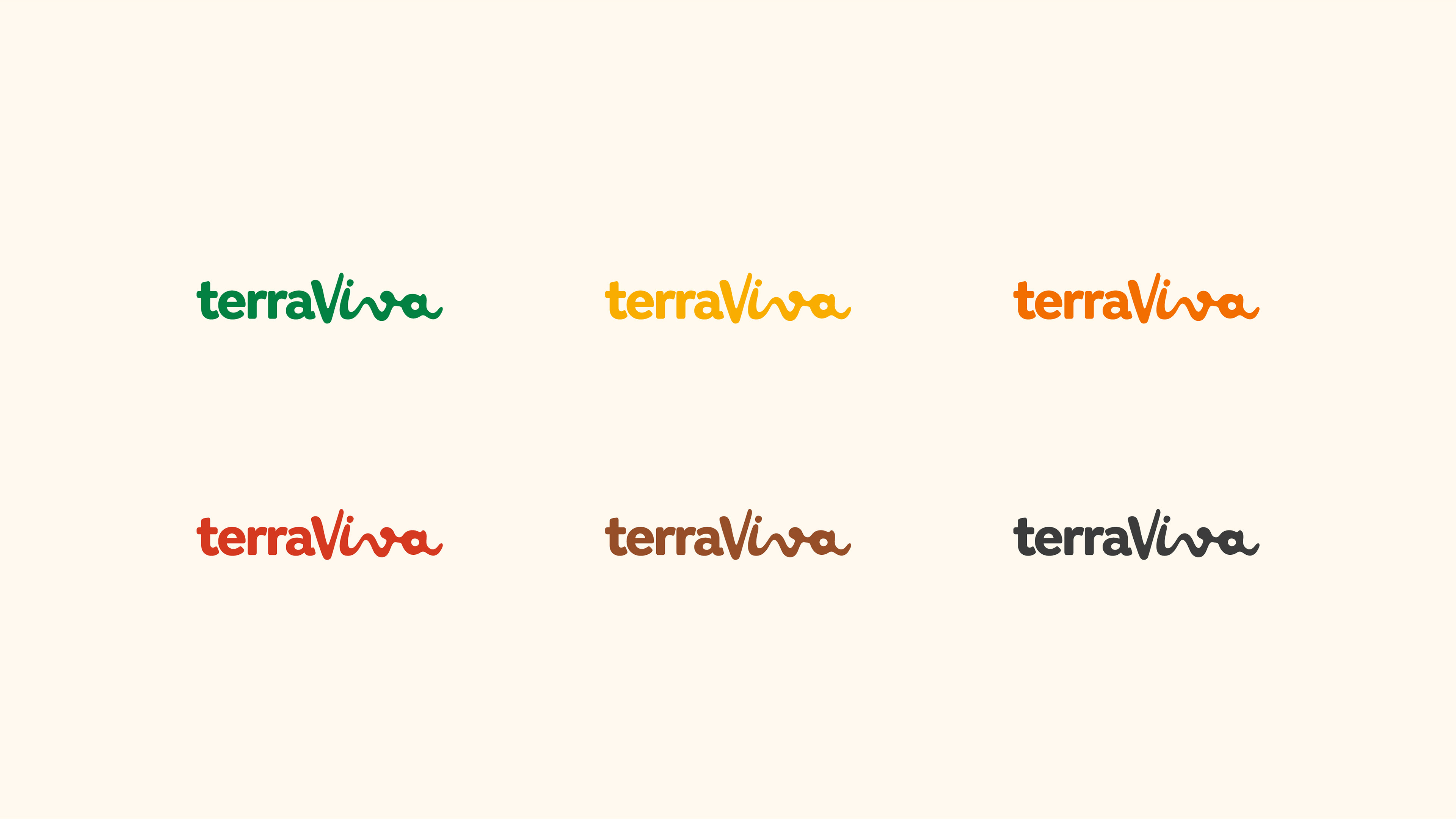 Variações do logo Terraviva em diferentes cores, destacando flexibilidade e consistência do design da marca.