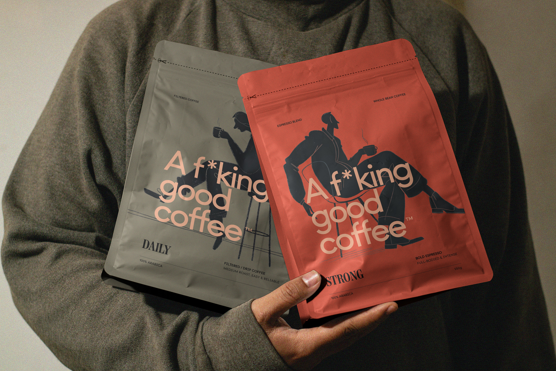 Pouches DAILY e STRONG com ilustrações e tipografia marcante.