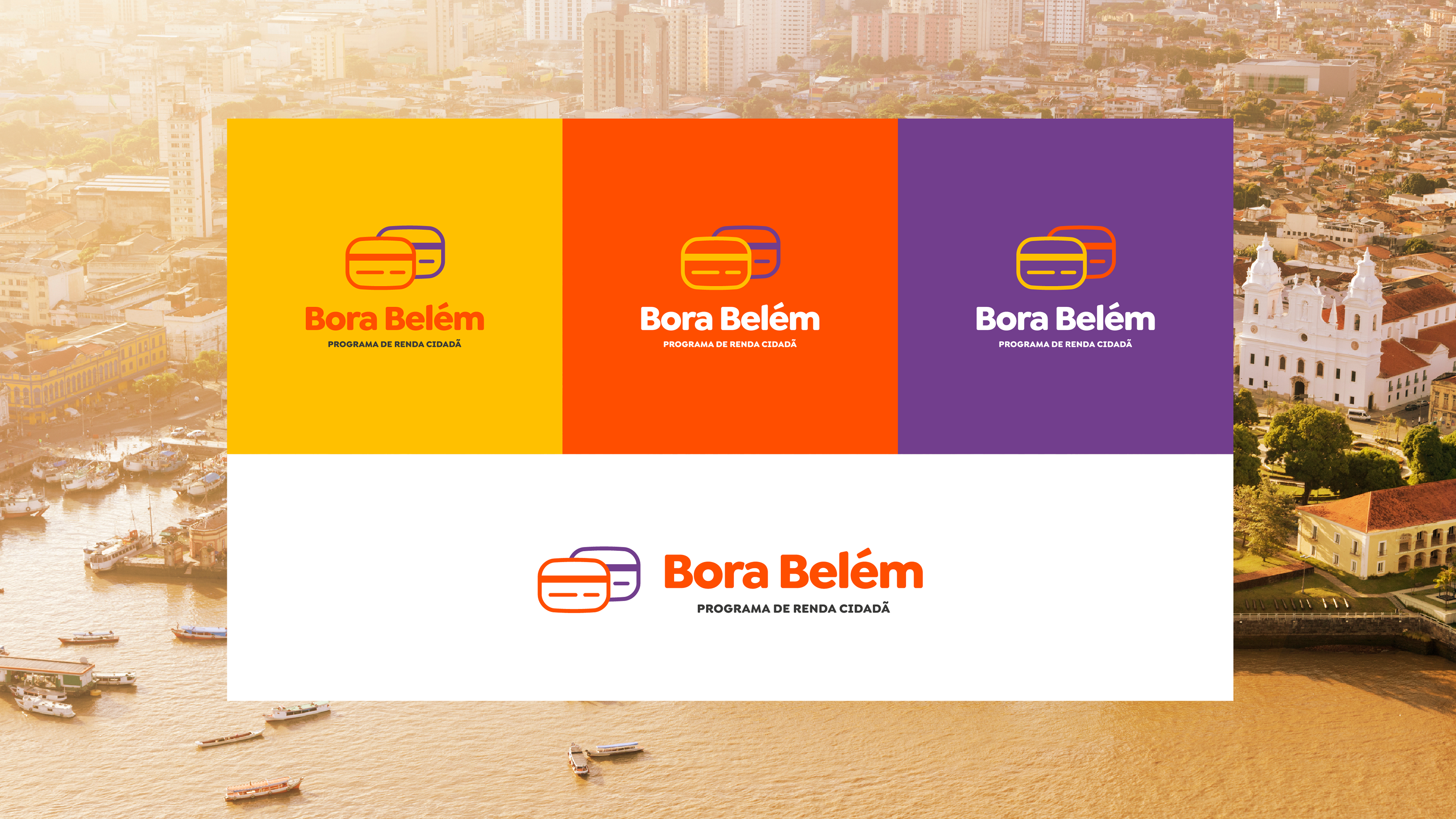 Variações do logo do Bora Belém aplicadas sobre fundos diversos, mostrando a flexibilidade e consistência do design da marca em diferentes contextos.