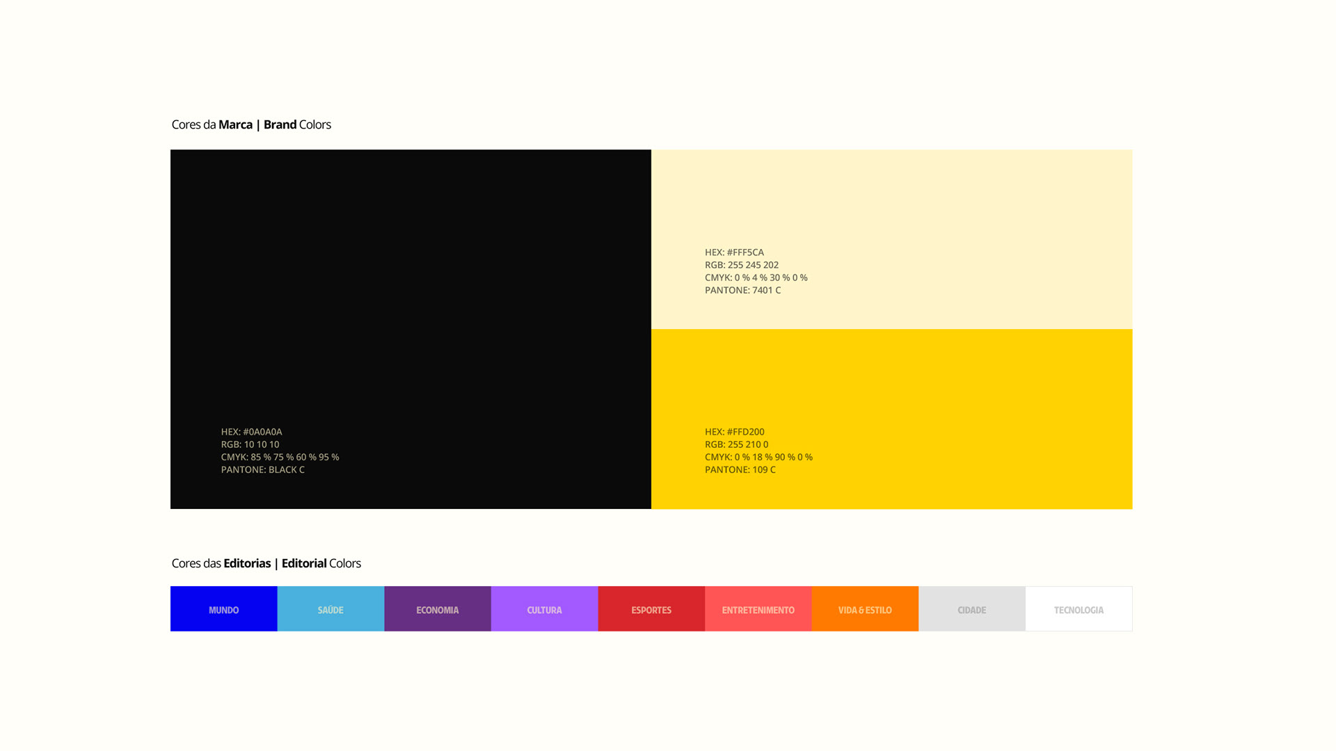 Cores da identidade visual Brooh apresentadas com códigos e aplicações em branding, reforçando consistência de marca.