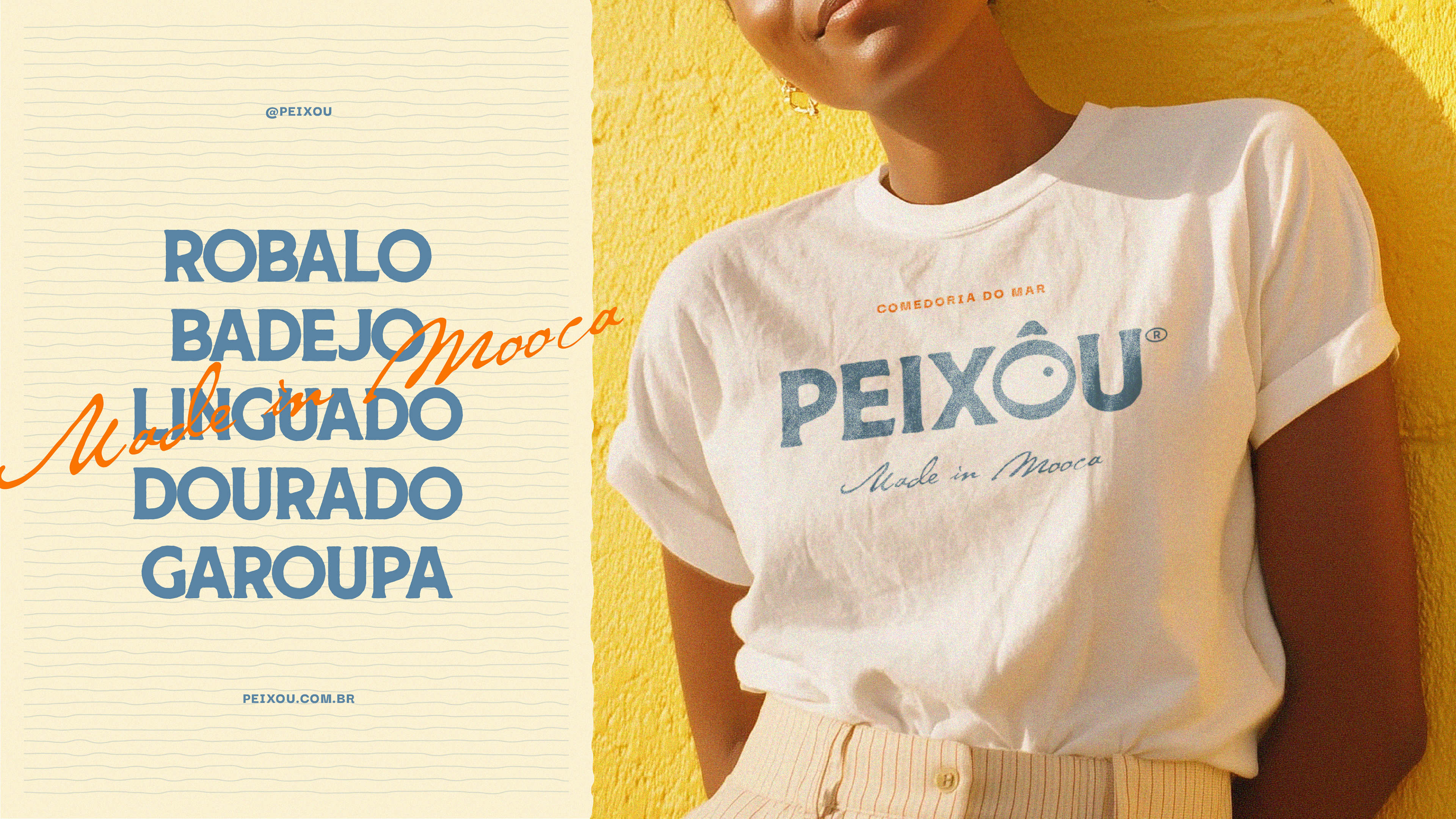 Camiseta com logo Peixou e “Made in Mooca”, ao lado de lista de pescados.