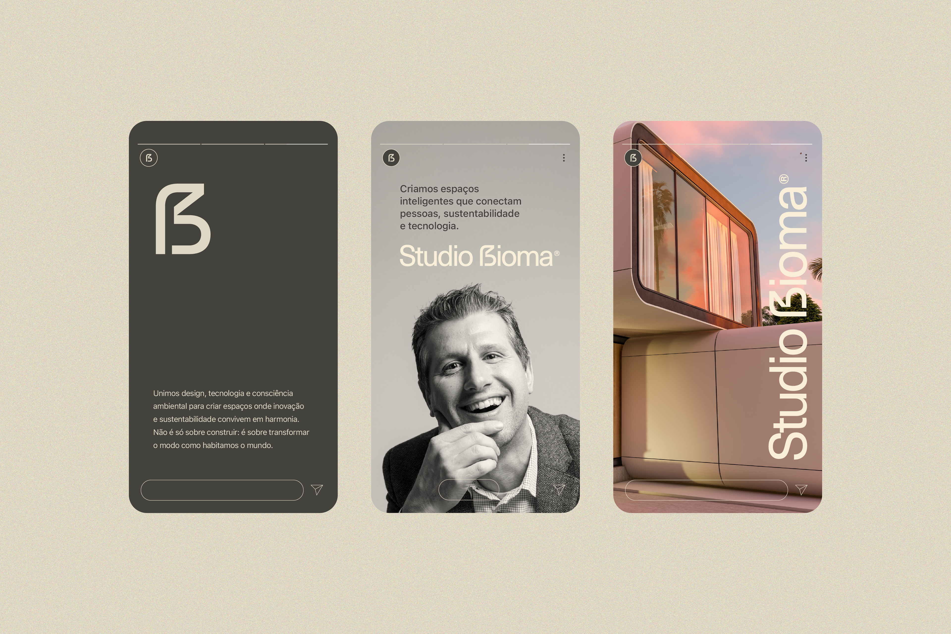 Stories simulados com identidade visual do Studio Bioma – comunicação digital alinhada a design, sustentabilidade e pessoas.
