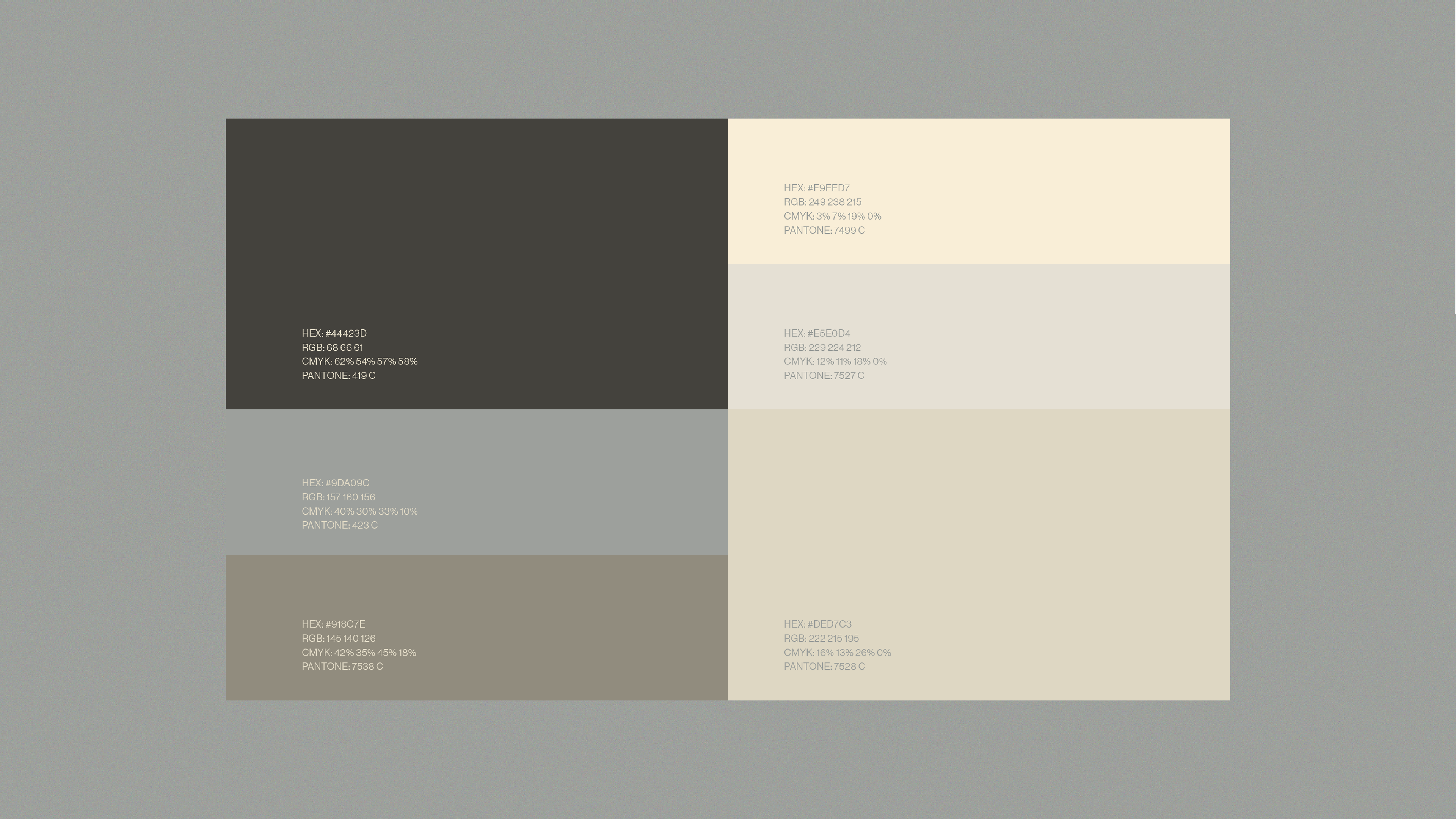 Paleta de cores do Studio Bioma com tons terrosos e neutros – sistema cromático aplicado ao branding de arquitetura sustentável.