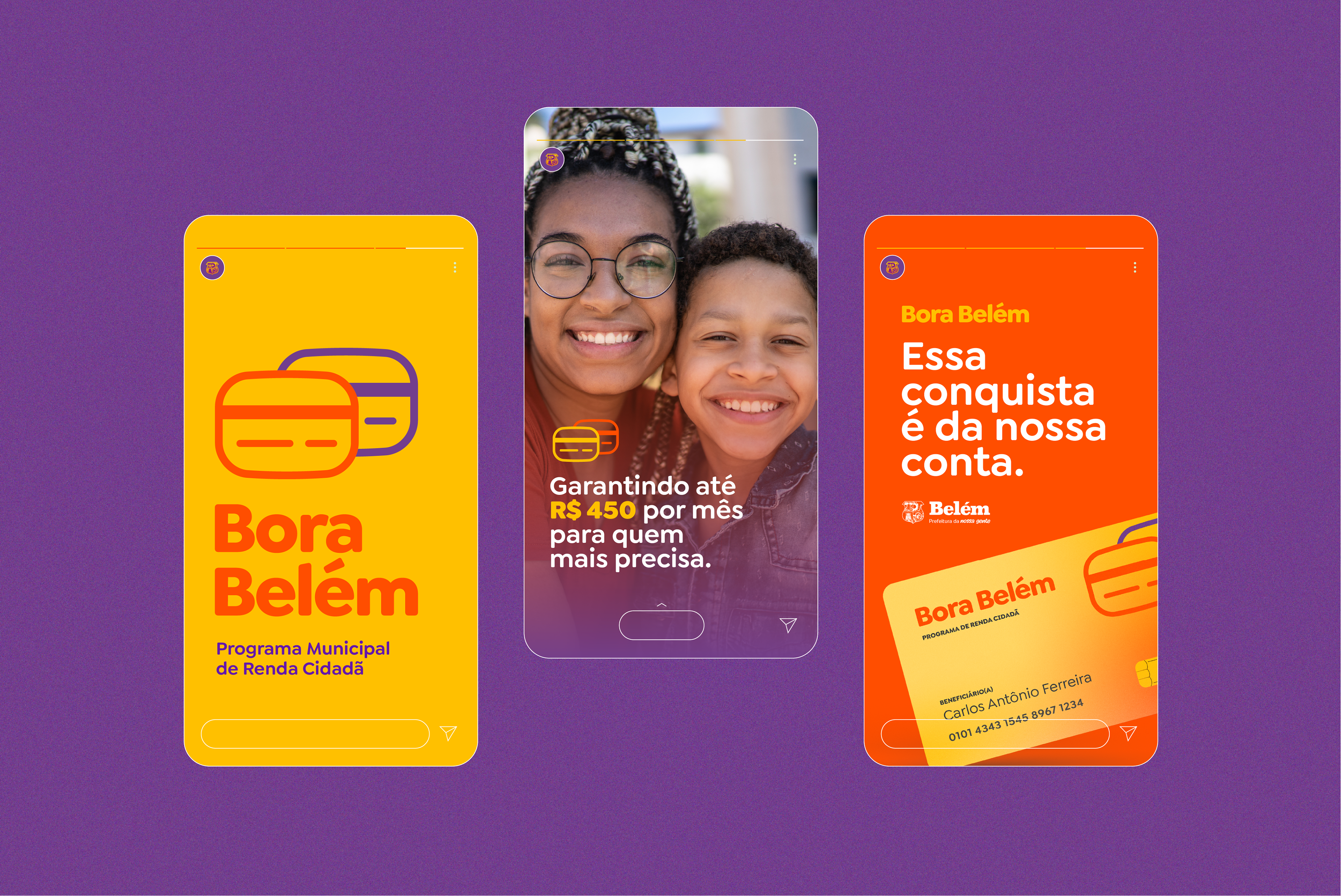 Layout para redes sociais Bora Belém, traduzindo a identidade visual para formatos digitais e mobile.