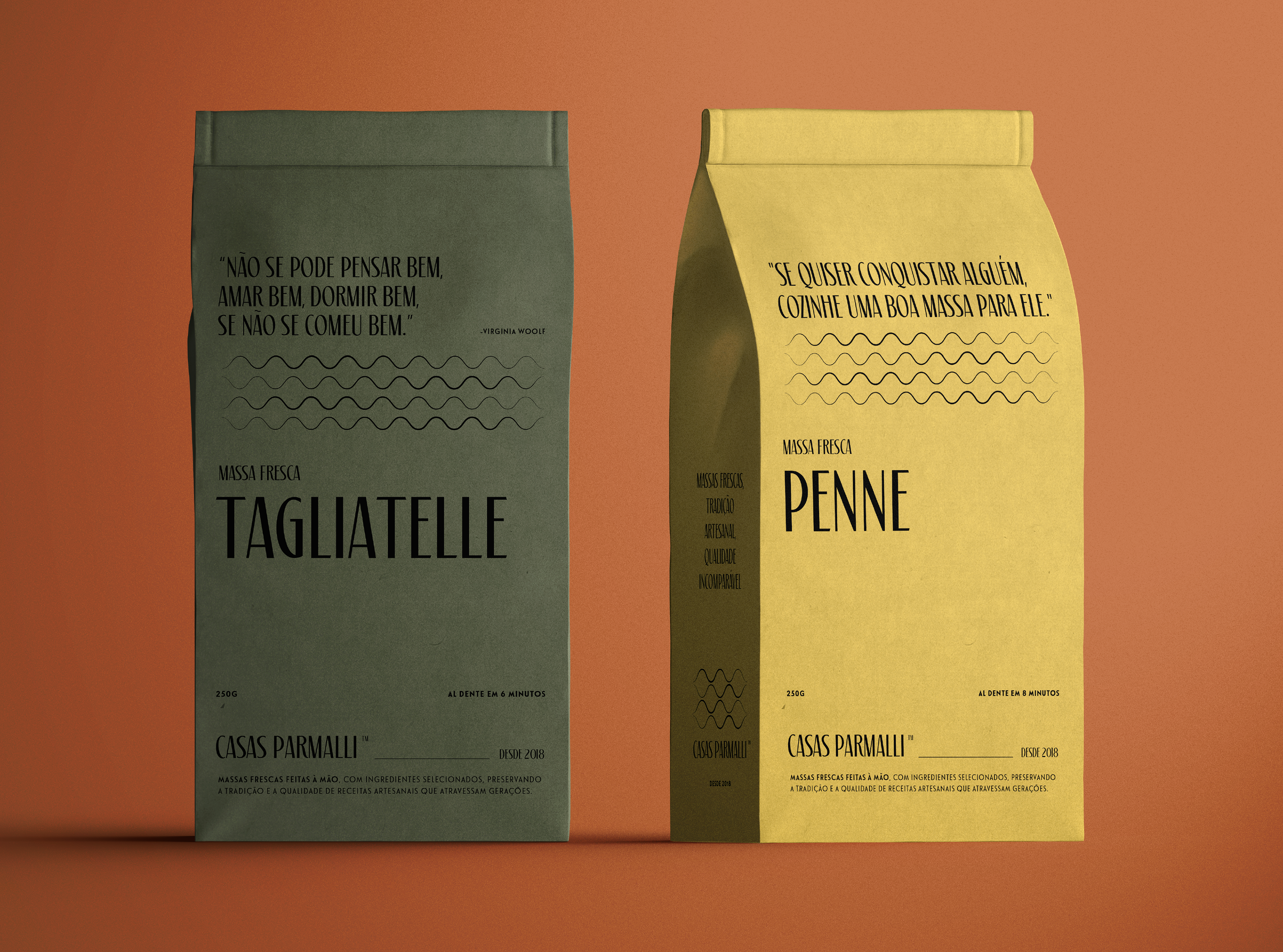 Embalagens verticais Casas Parmalli para espaguete, ravioli e penne com design minimalista e branding forte