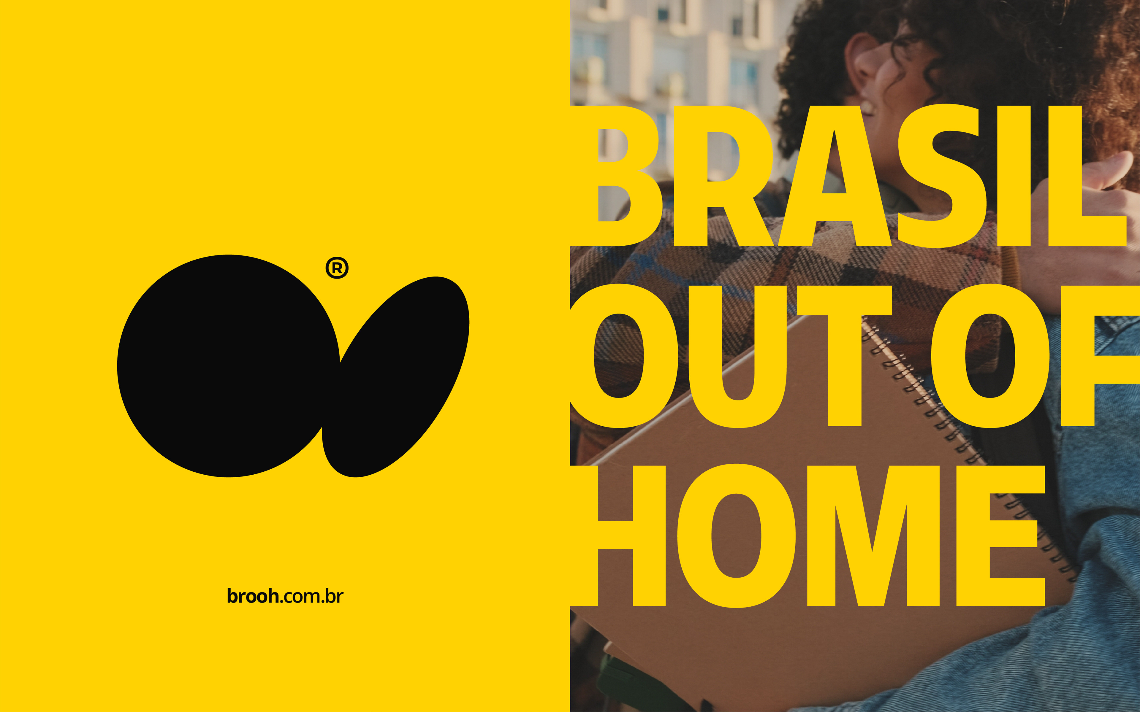Peça de branding da Brooh destacando logo e tipografia sobre fundo amarelo e imagem de pessoas em contexto urbano.