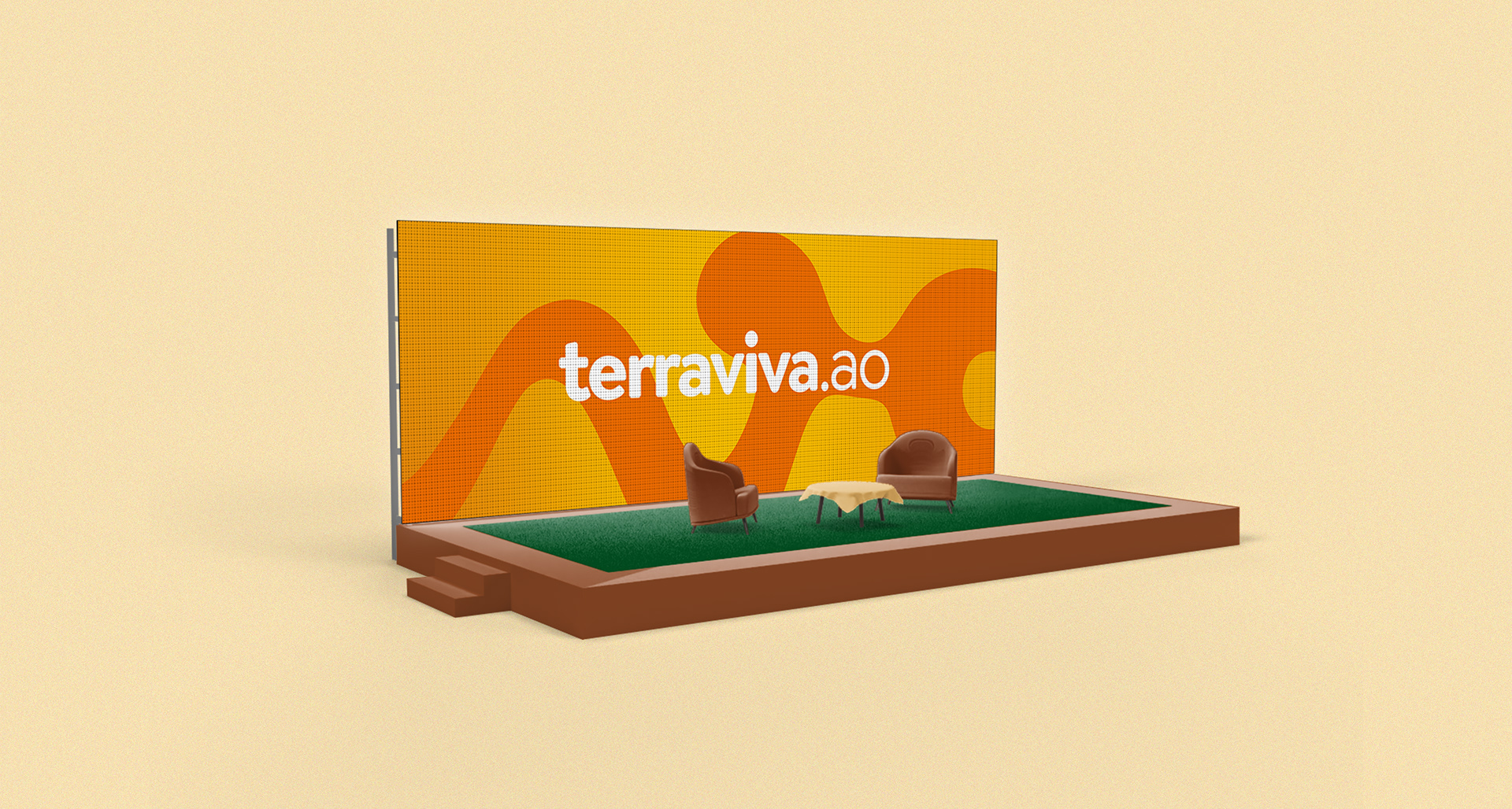 Aplicação da identidade visual em painéis de LED com paleta verde e laranja, integrando branding agro e tecnologia de comunicação visual.