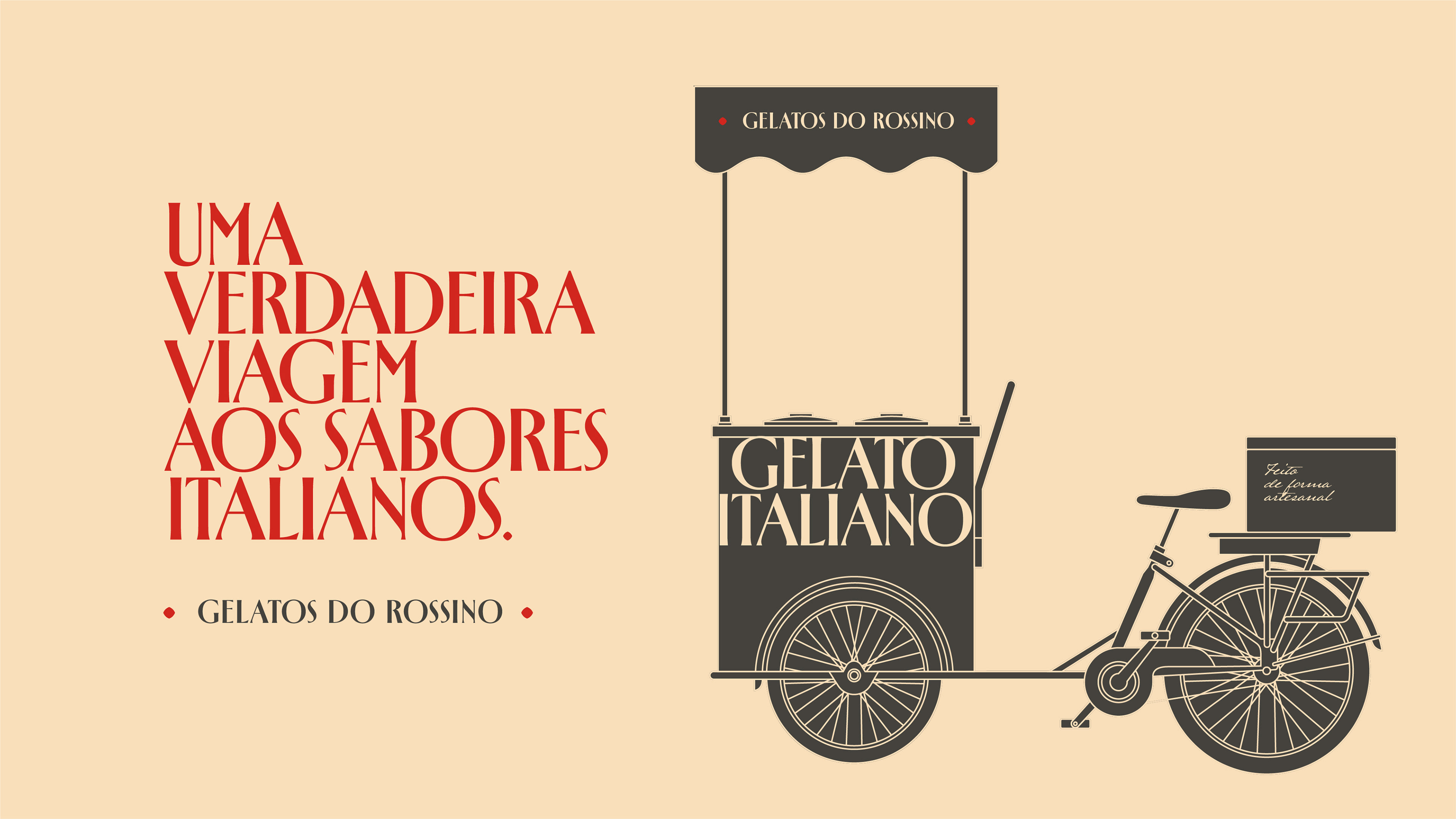 Ilustração do carrinho de gelato do Rossino com slogan e identidade visual da marca aplicada.