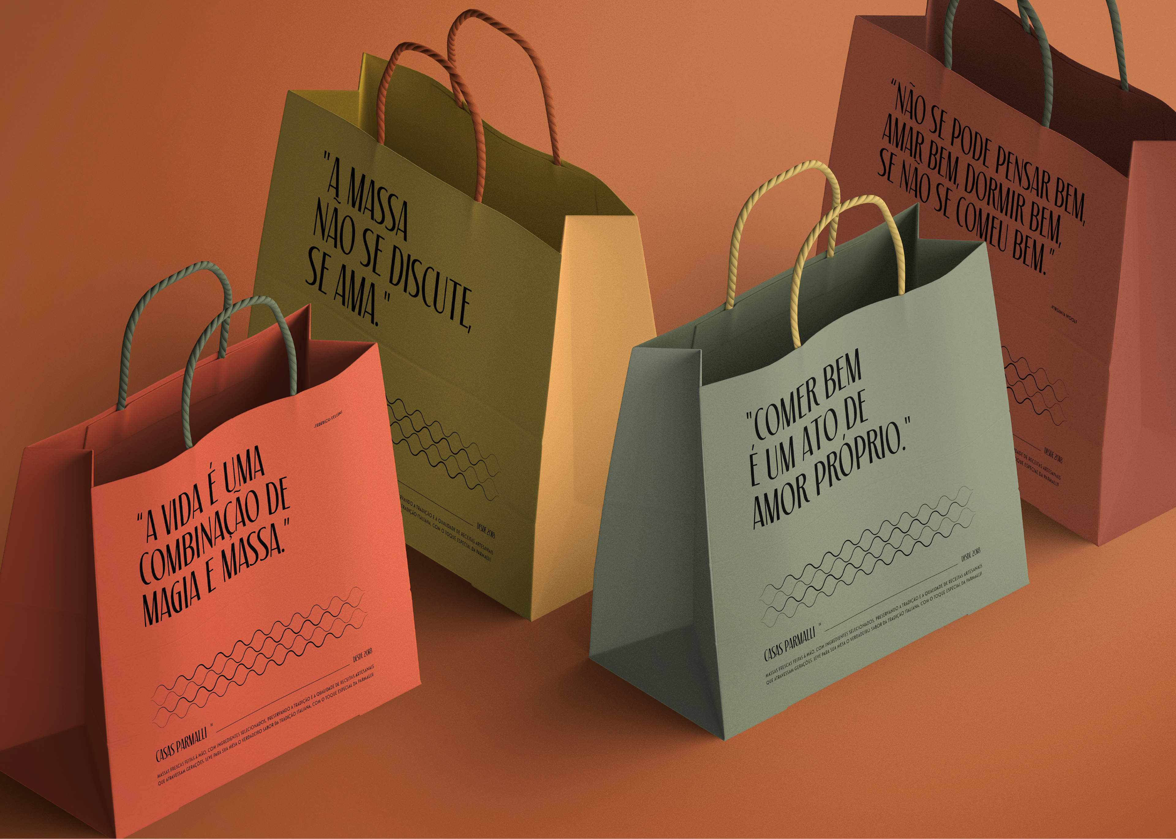 Sacolas personalizadas Casas Parmalli com frases e design de marca após rebranding