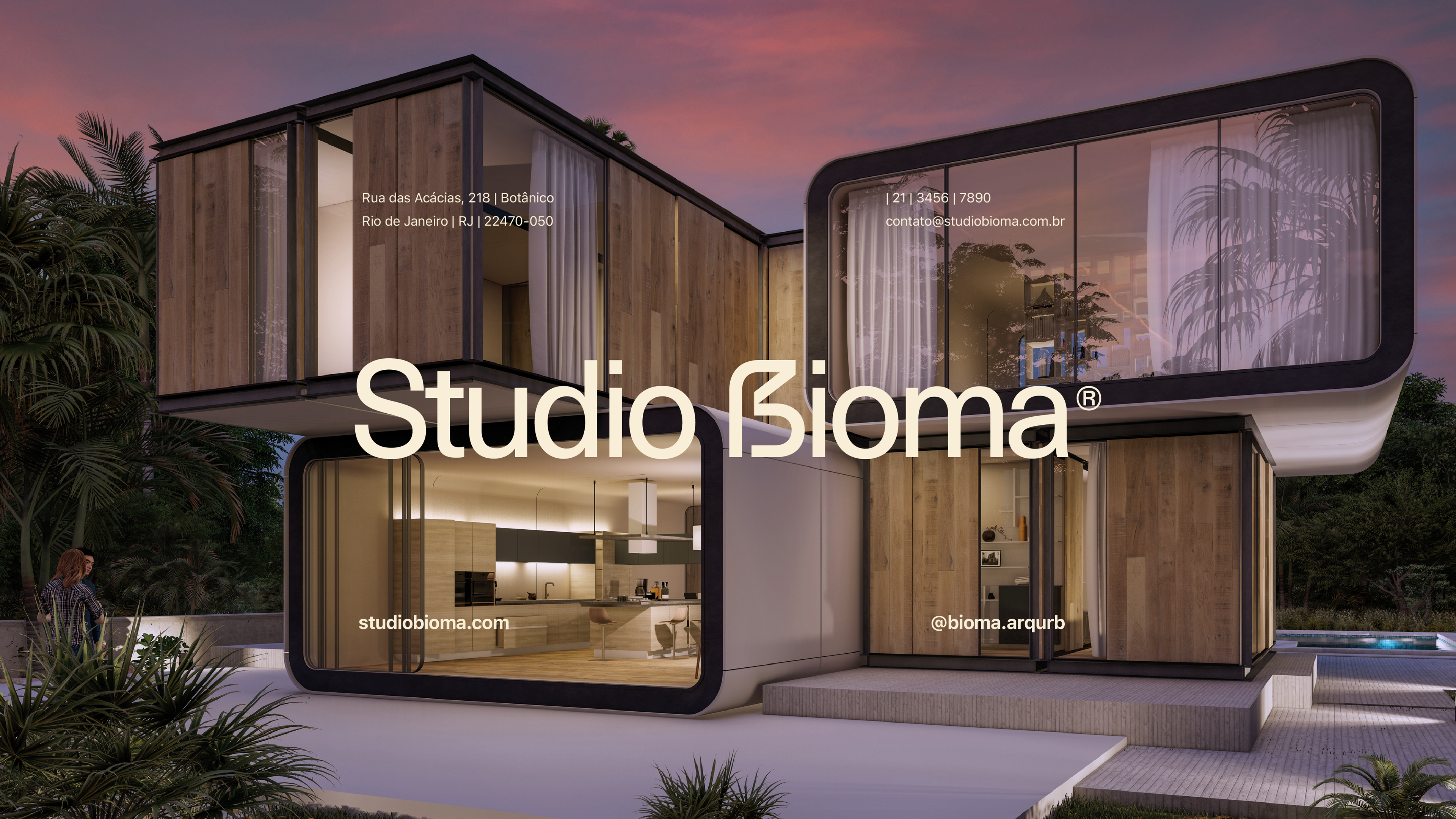 Render do projeto arquitetônico de loft modular assinado pelo Studio Bioma – integração entre marca, espaço e natureza.