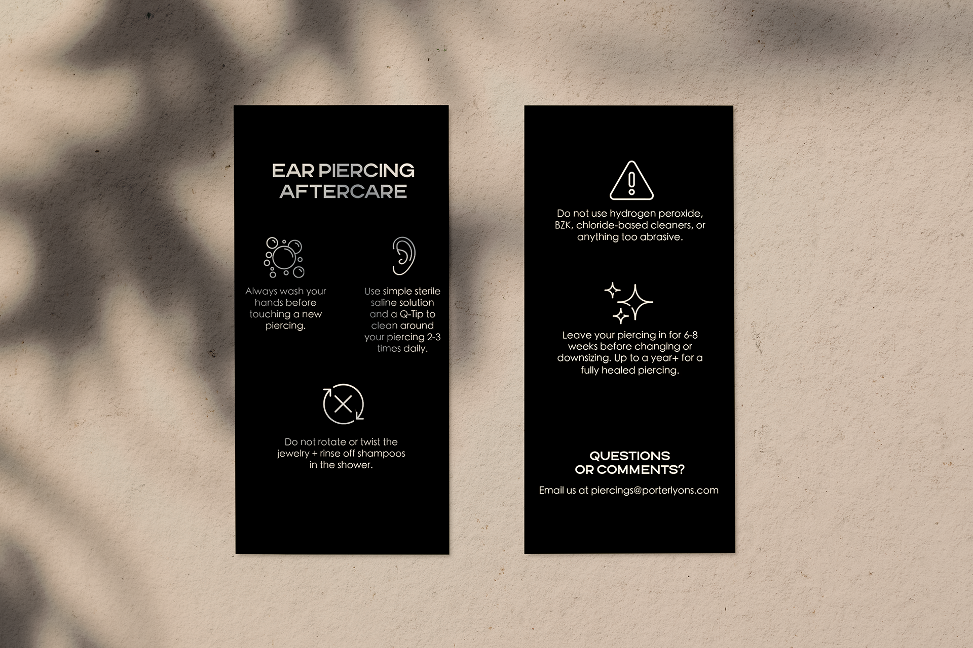 Aftercare card created to be given to clients after being pierced.