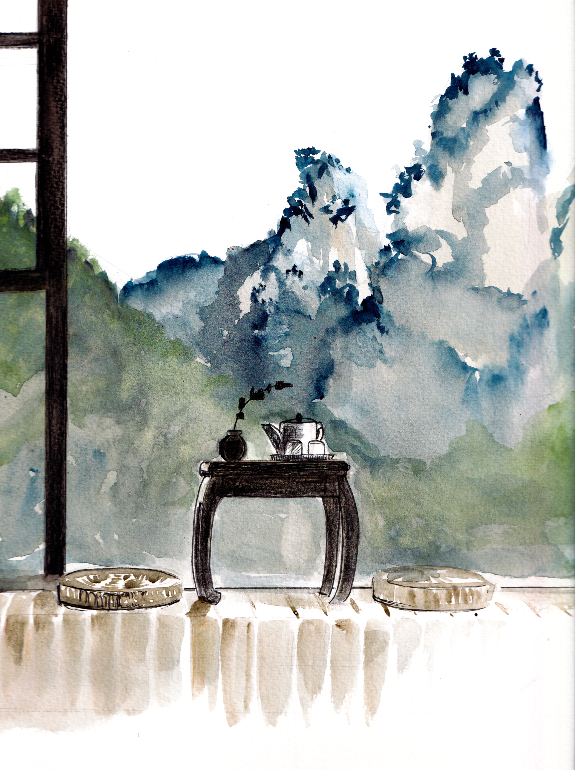 View from my window in Zhangjiajie, Aquarelle on Paper, 21x29cm, 2025