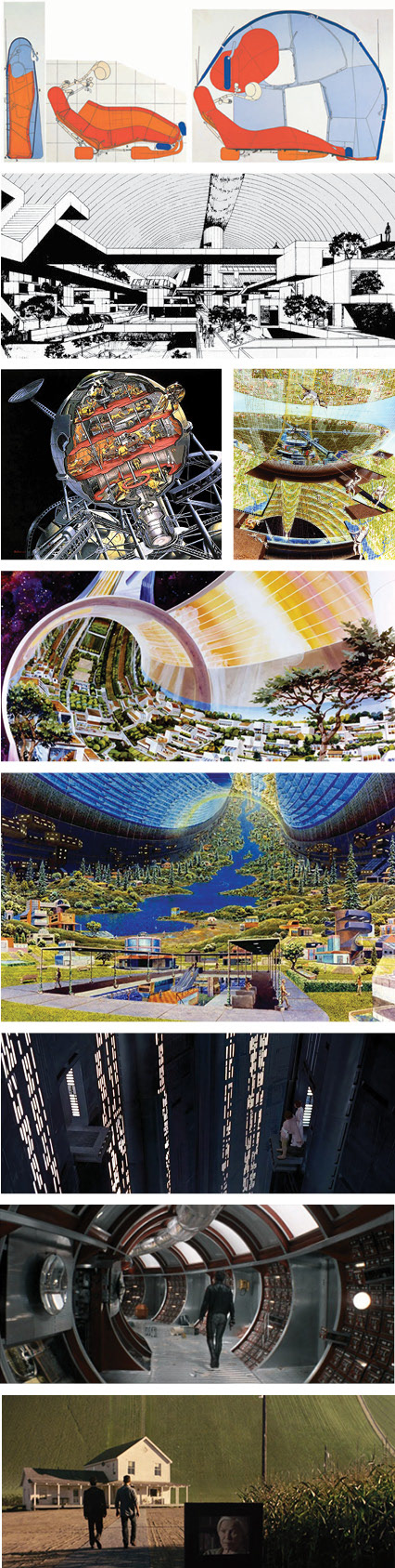 Top to bottom: Archigram - Cushicle, 1967; Patrick Hill - Stanford Torus NASA Summer Study (SS) Design, 1975; Fred Freeman - Werner Von Braun Moonbase Design, 1952; Don Davis - Bernal Sphere NASA SS; Rick Guidice - Stanford Torus NASA SS; Don Davis - Stanford Torus NASA SS; Star Wars Episode I: A New Hope - Death Star Interior, 1977; Solaris, 1972; Cooper Station - Inception, 2014 (Stanford Torus)