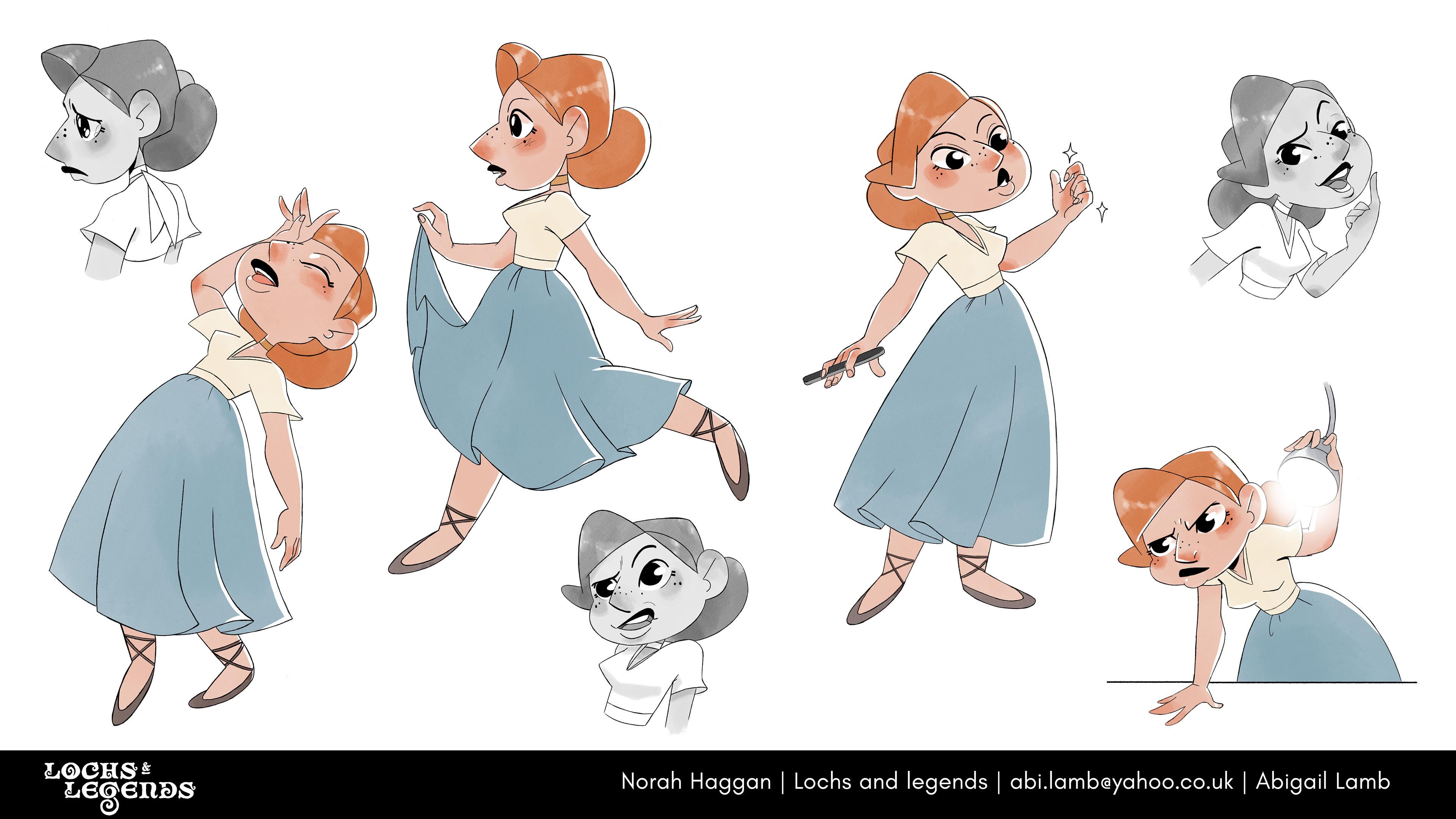 A character sheet for Norah Haggan from the TV show pilot Lochs & Legends. She is shown in 3 full body coloured poses, one bust in colour and 3 black and white busts. The artists name and email are included - Abigail Lamb, abi.lamb@yahoo.co.uk