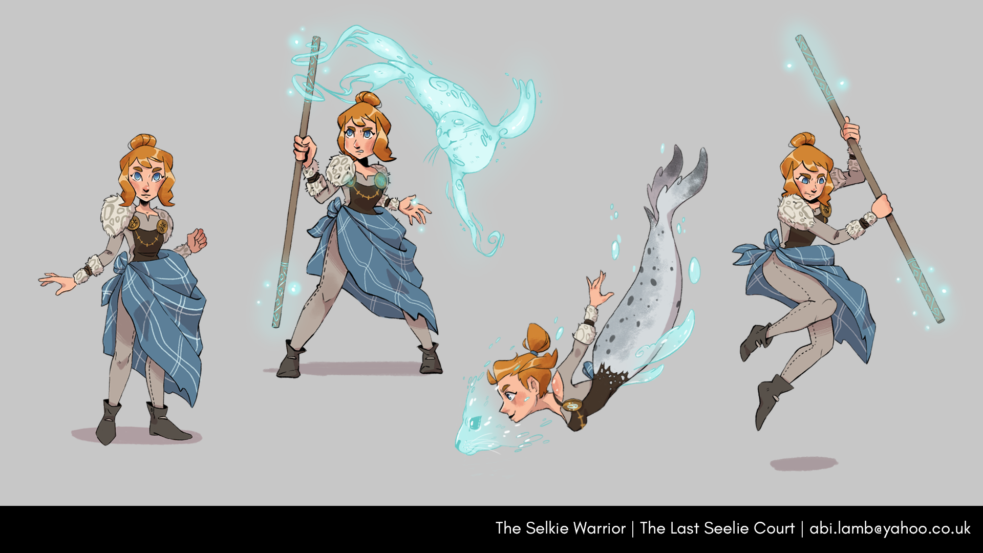 a character pose sheet of a Scottish Selkie Warrior. She is wearing a large loose tartan skirt. She is holding a staff that she can summon a spectral seal from. In one image she has a seal tail and is wearing a spectral seal mask.