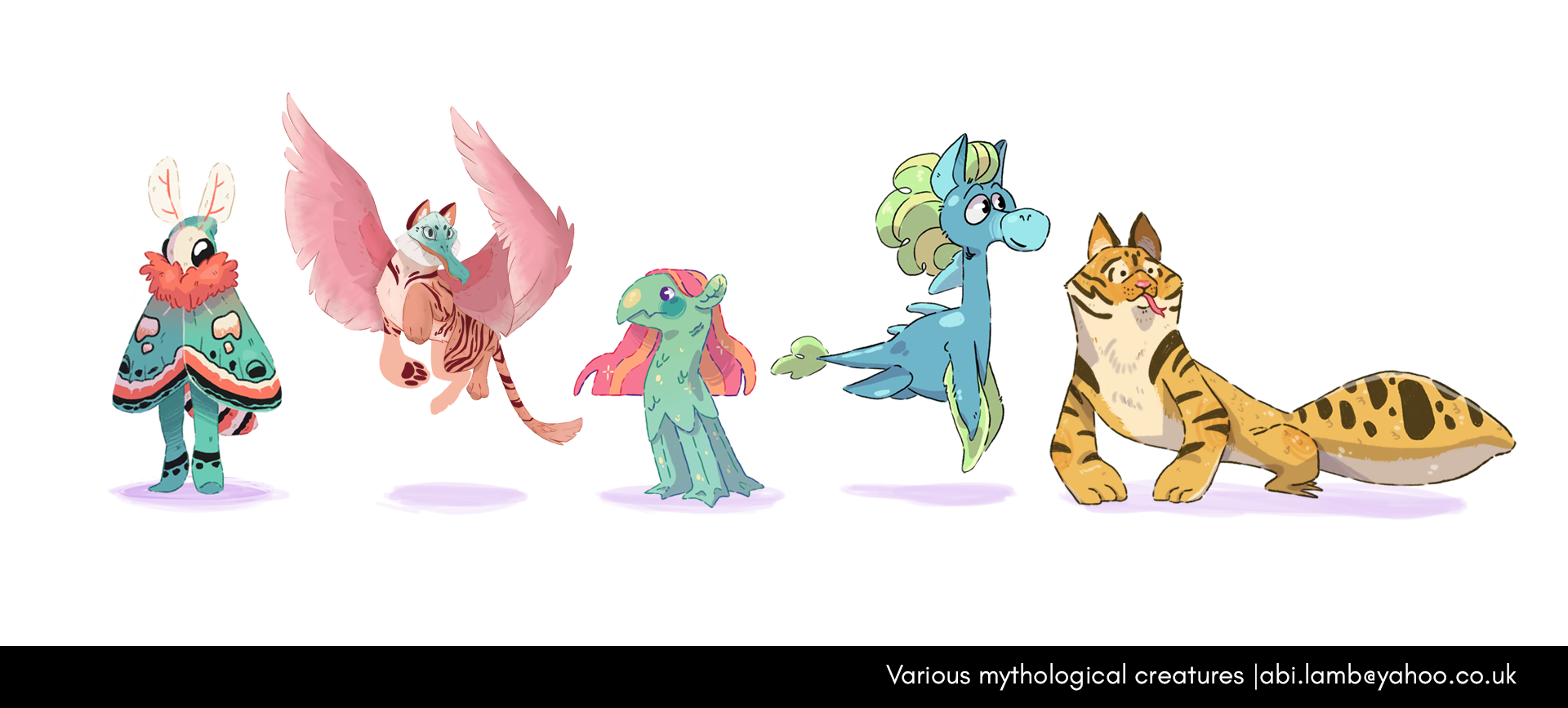 A line-up of more cartoony cryptids, including a colourful mothman, a gryphin, an amabie, nessie and a tatzelwurm.