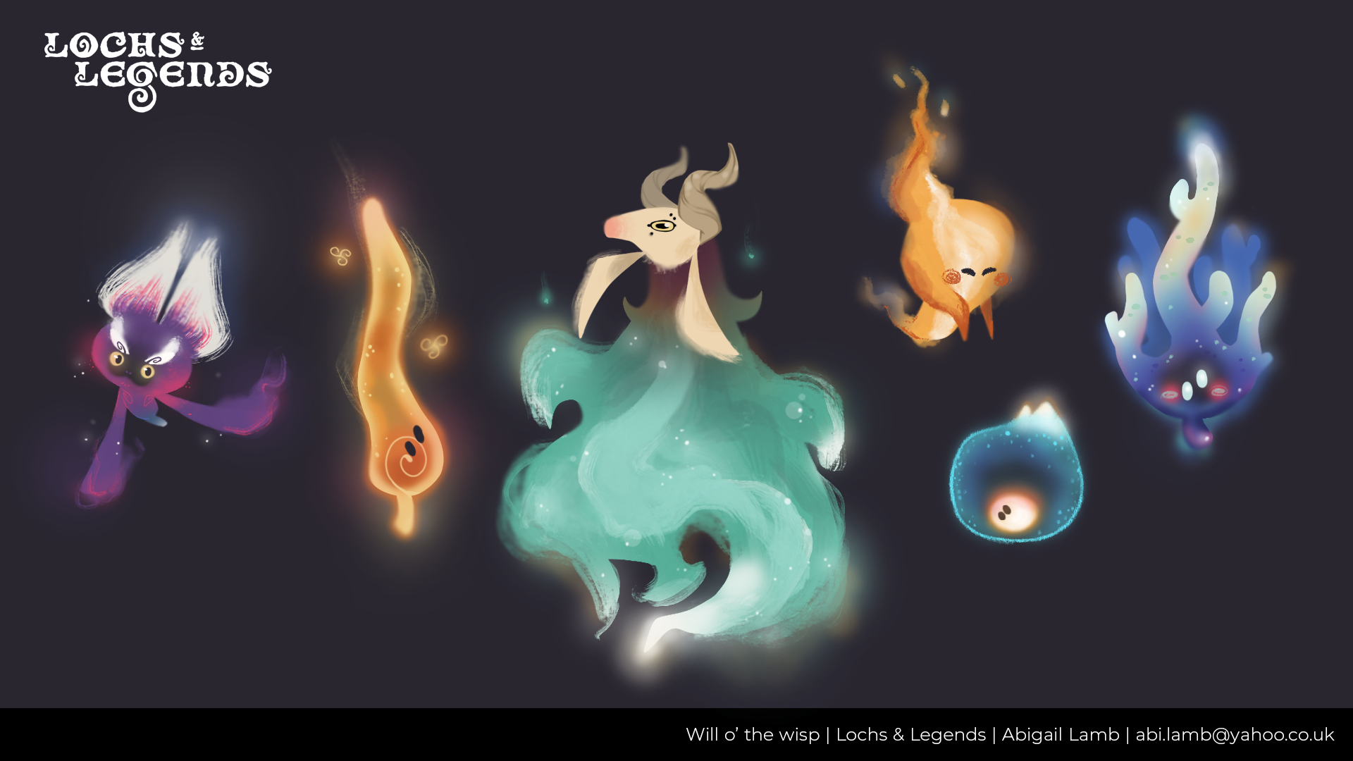 A design sheet showing six designs of willow-the-wisps. One looks like a bat, one a goat, one a coral and the remaining three look like flames.