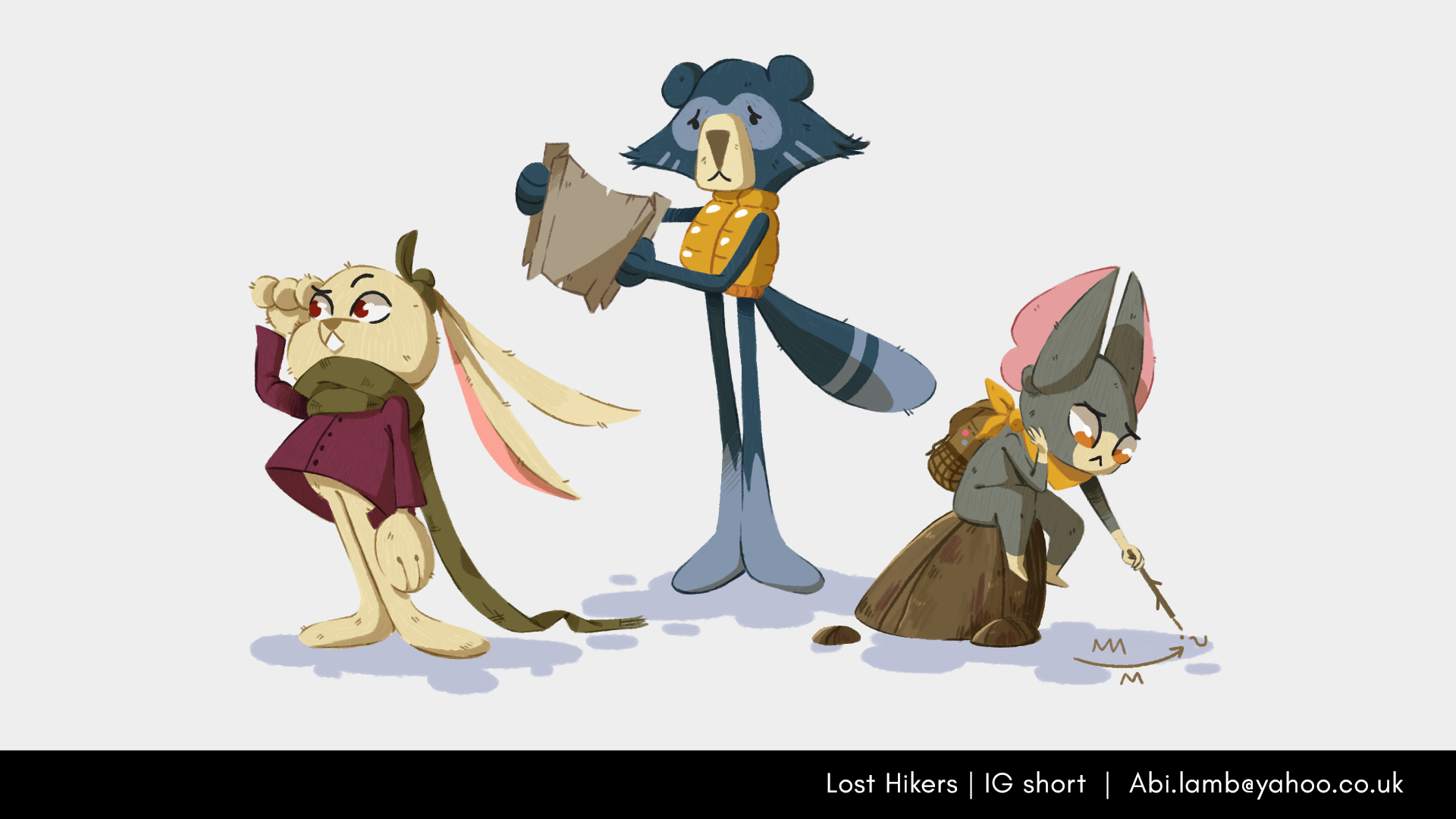 A character line-up of three hiking woodland creatures. A rabbit wearing a jacket and scarf, a tall racoon in a body warmer with a map and a bat with a backpack.